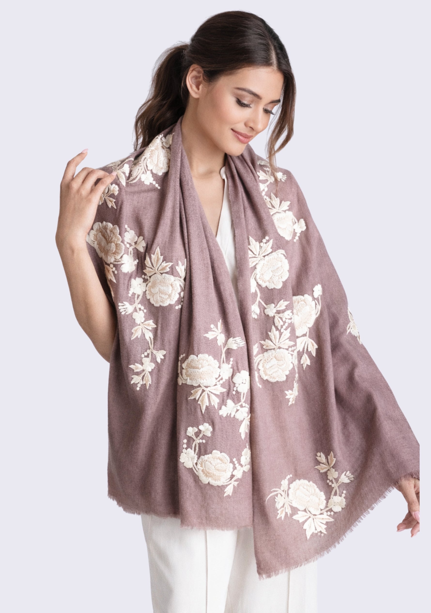 Copper Cashmere Scarf Ivory & Beige Embroidery