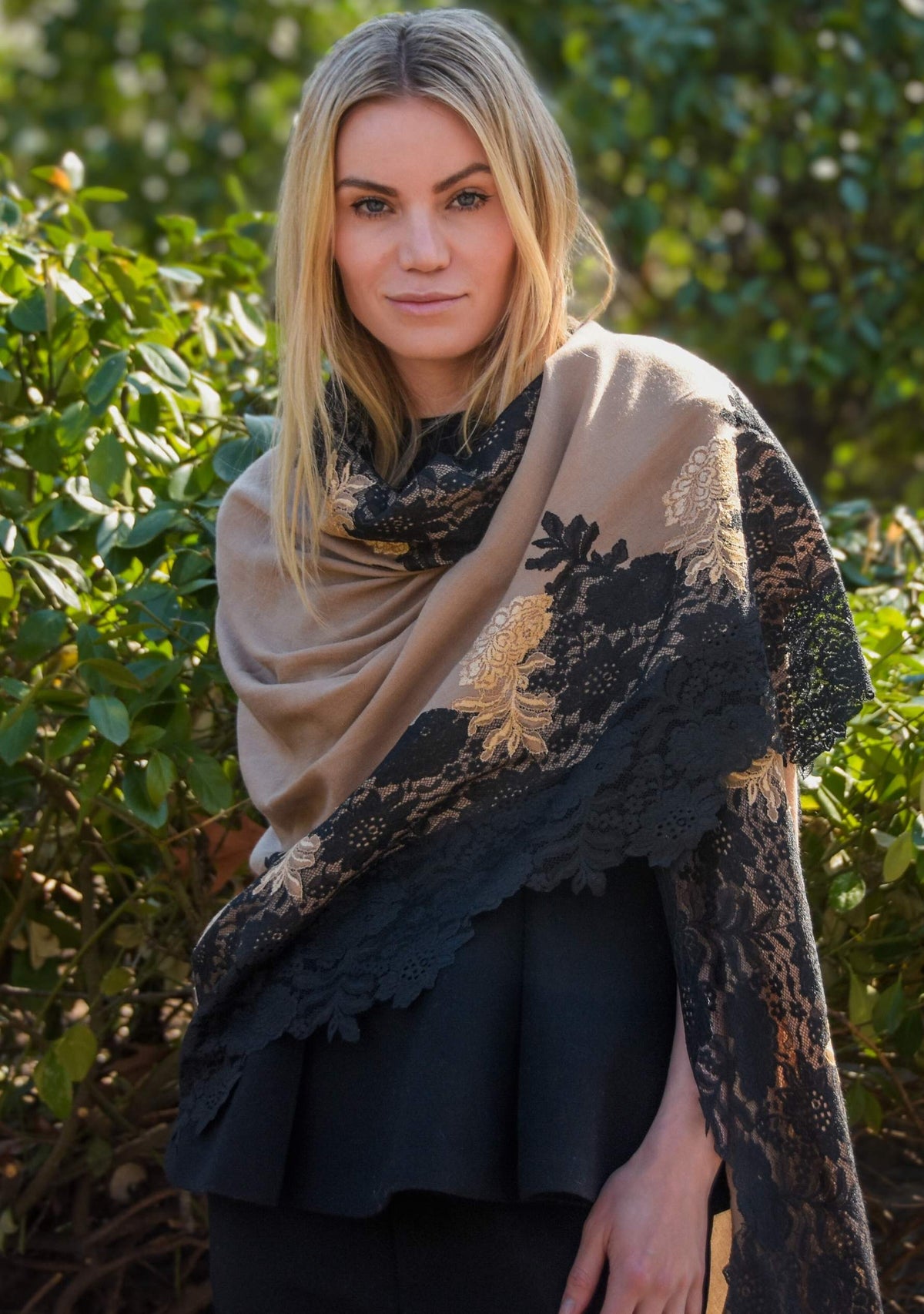 Natural Wool and Silk Scarf with A Black and Dk. Gold Double Color Floral Lace Border | Maneesha Ruia Natural Wool and Silk Scarf with A Black and Dk. Gold Double Color Floral Lace Border | Maneesha Ruia