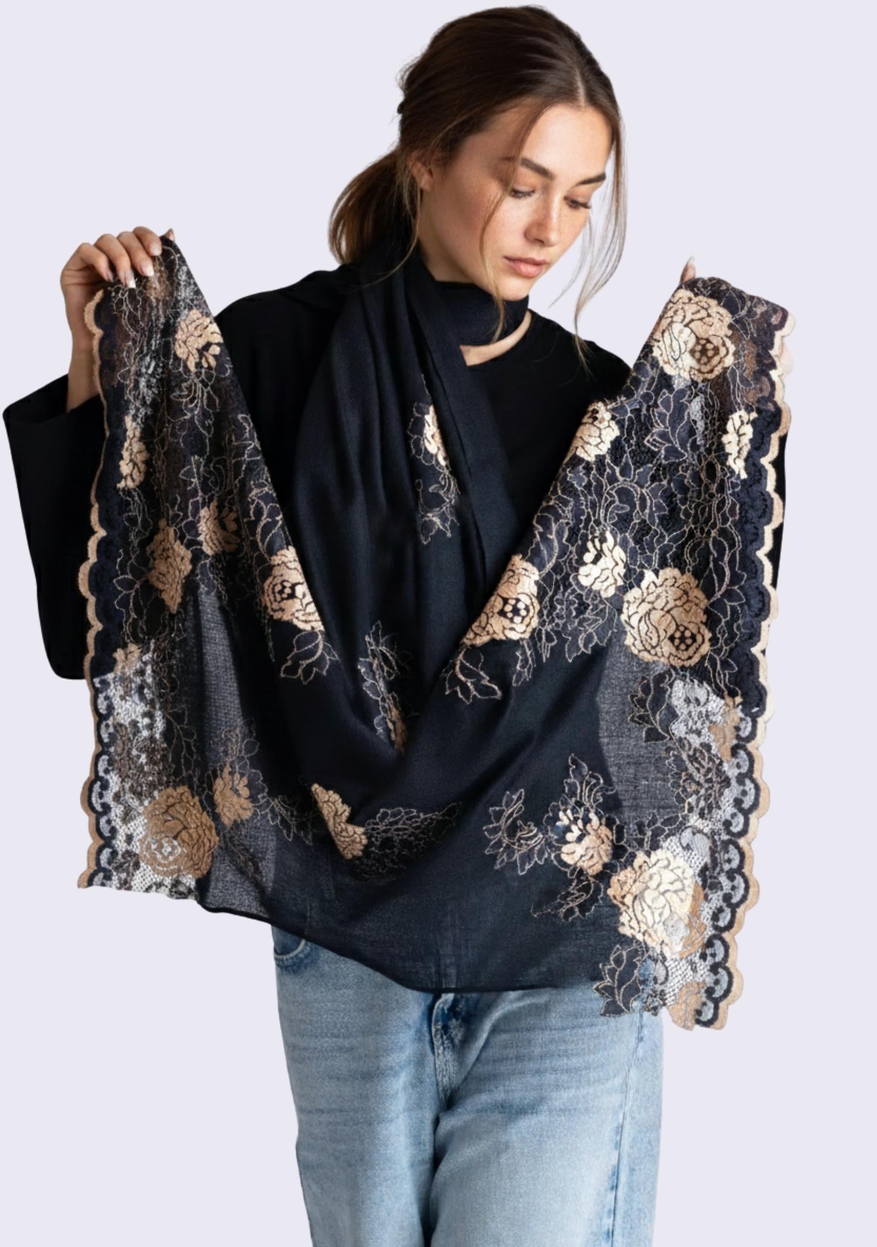 Black Cashmere Scarf
Black & Nude Lace