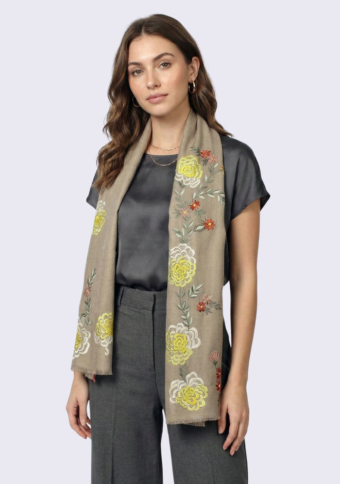 Natural Melange Wool & Silk Scarf Multi-colored Embroidery
