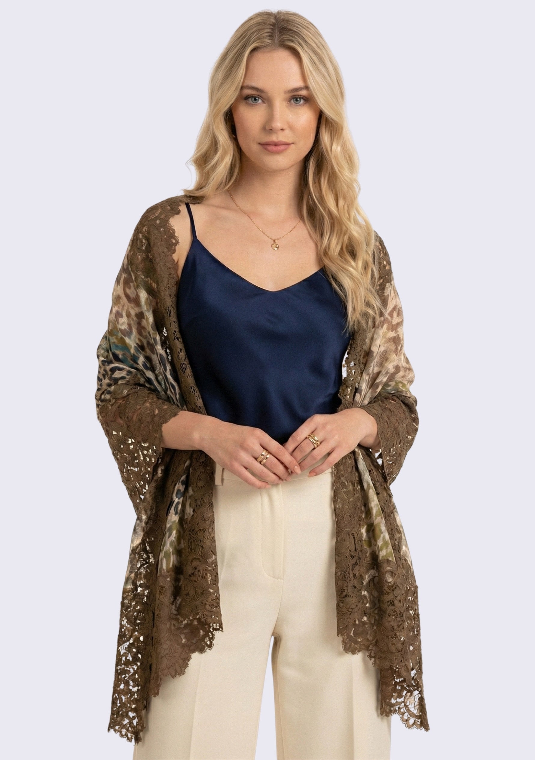 Khaki Leopard Print Wool & Silk Scarf Khaki Lace