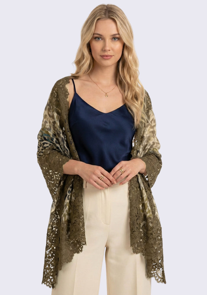 Khaki Leopard Print Wool & Silk Scarf Khaki Lace