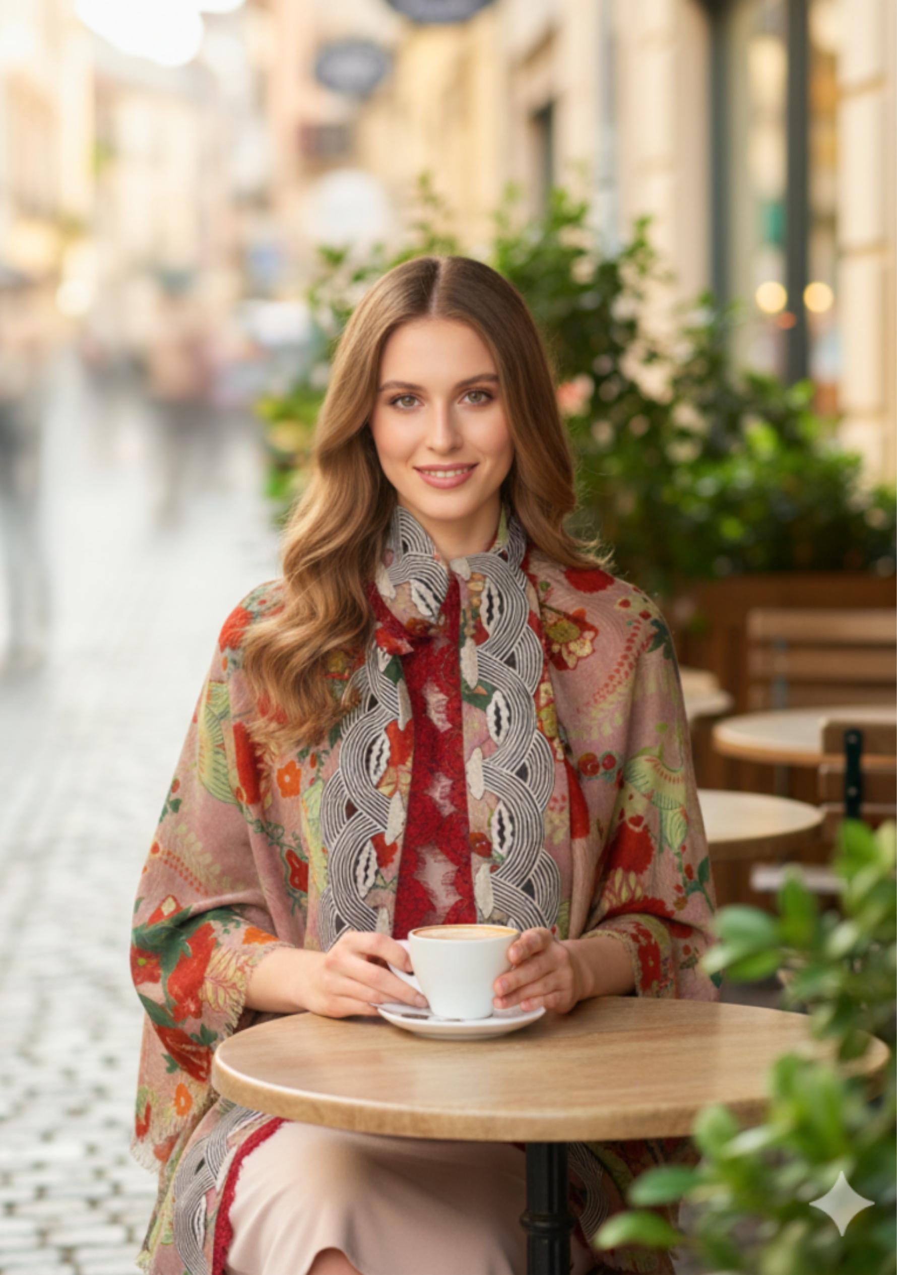 Red Print Wool & Silk Scarf  Embroidery & Red-Gray Lace