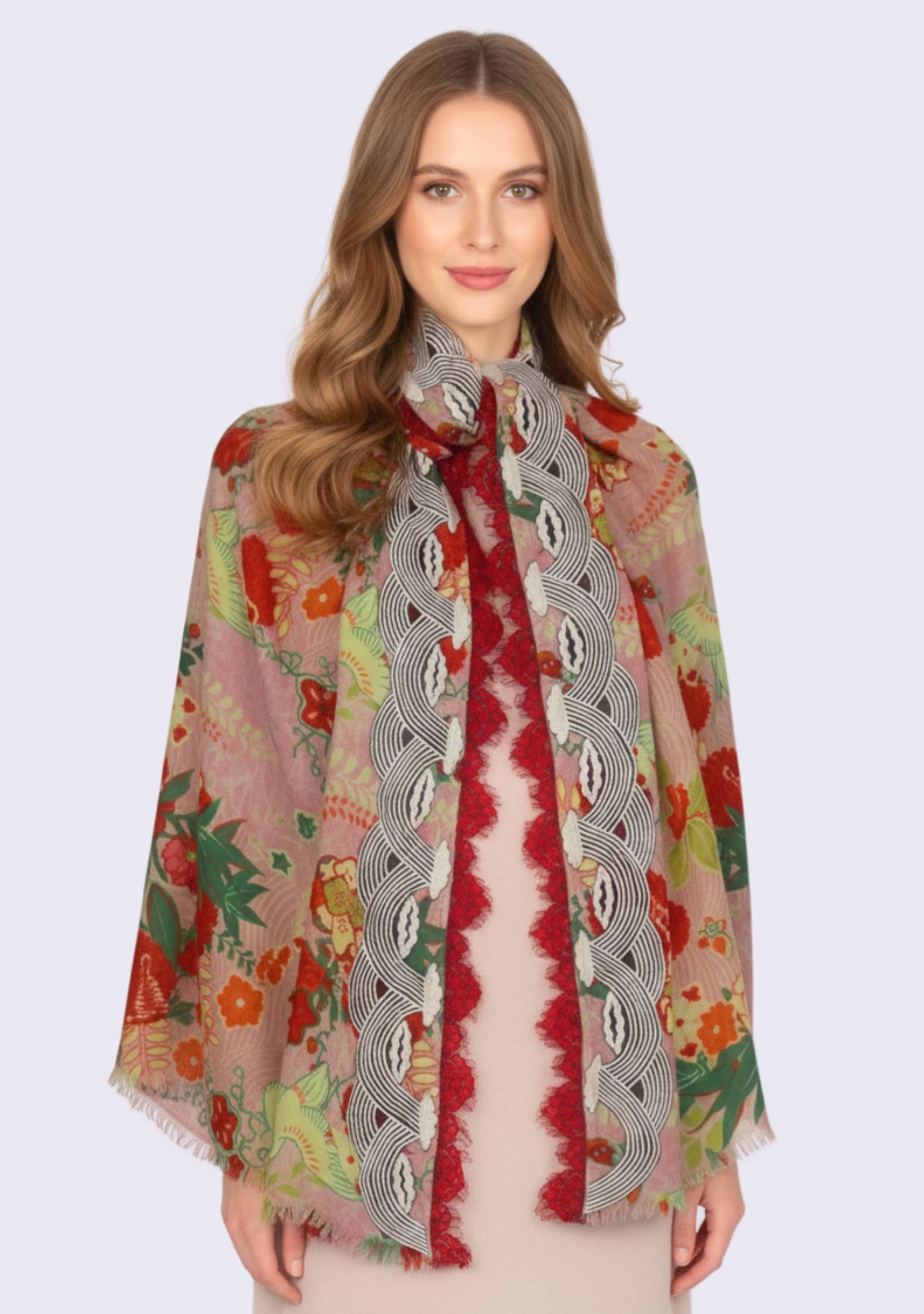 Red Print Wool & Silk Scarf  Embroidery & Red-Gray Lace