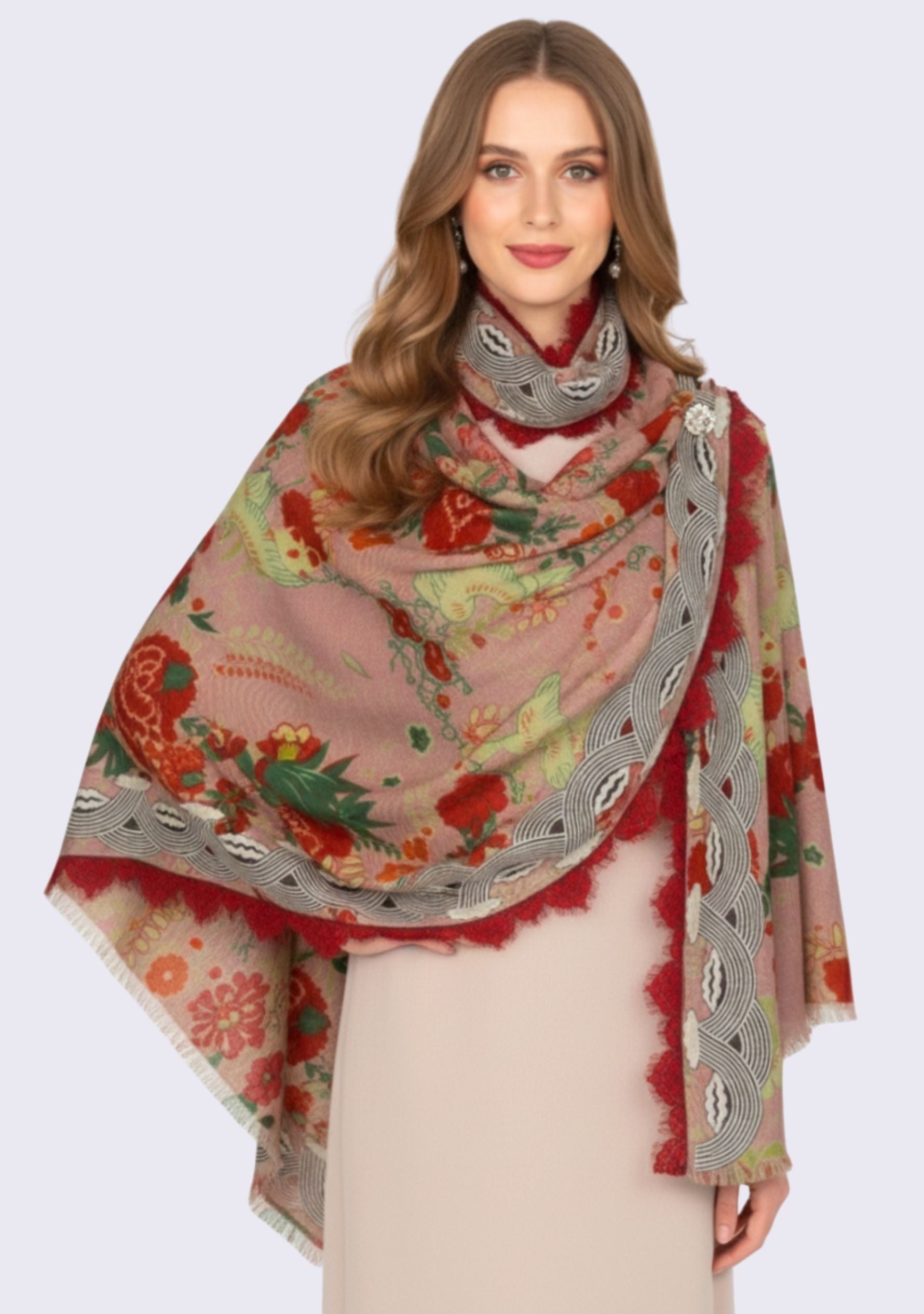 Red Print Wool & Silk Scarf  Embroidery & Red-Gray Lace