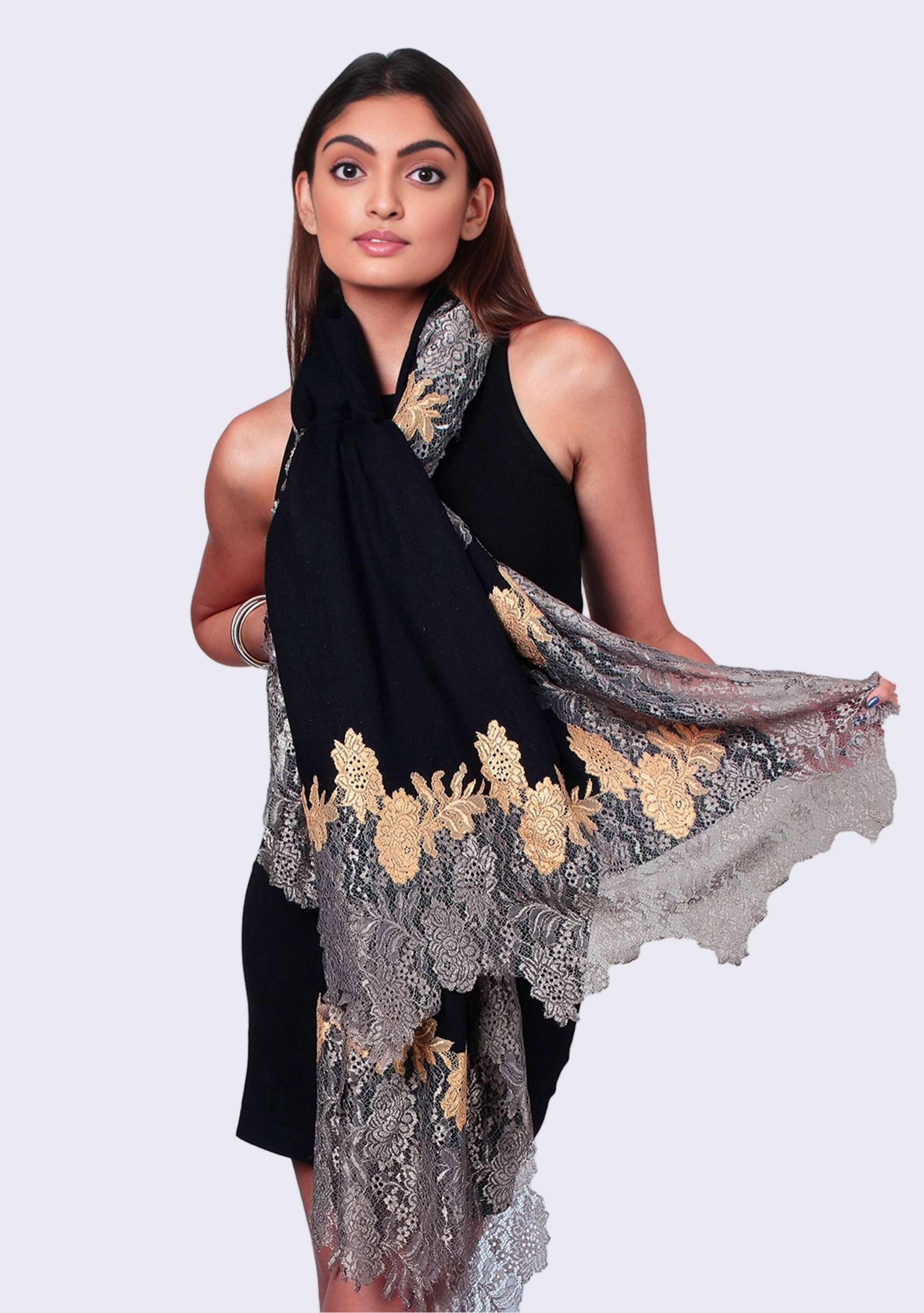Black Wool & Silk Scarf 
Antique Silver & Dk. Gold Lace