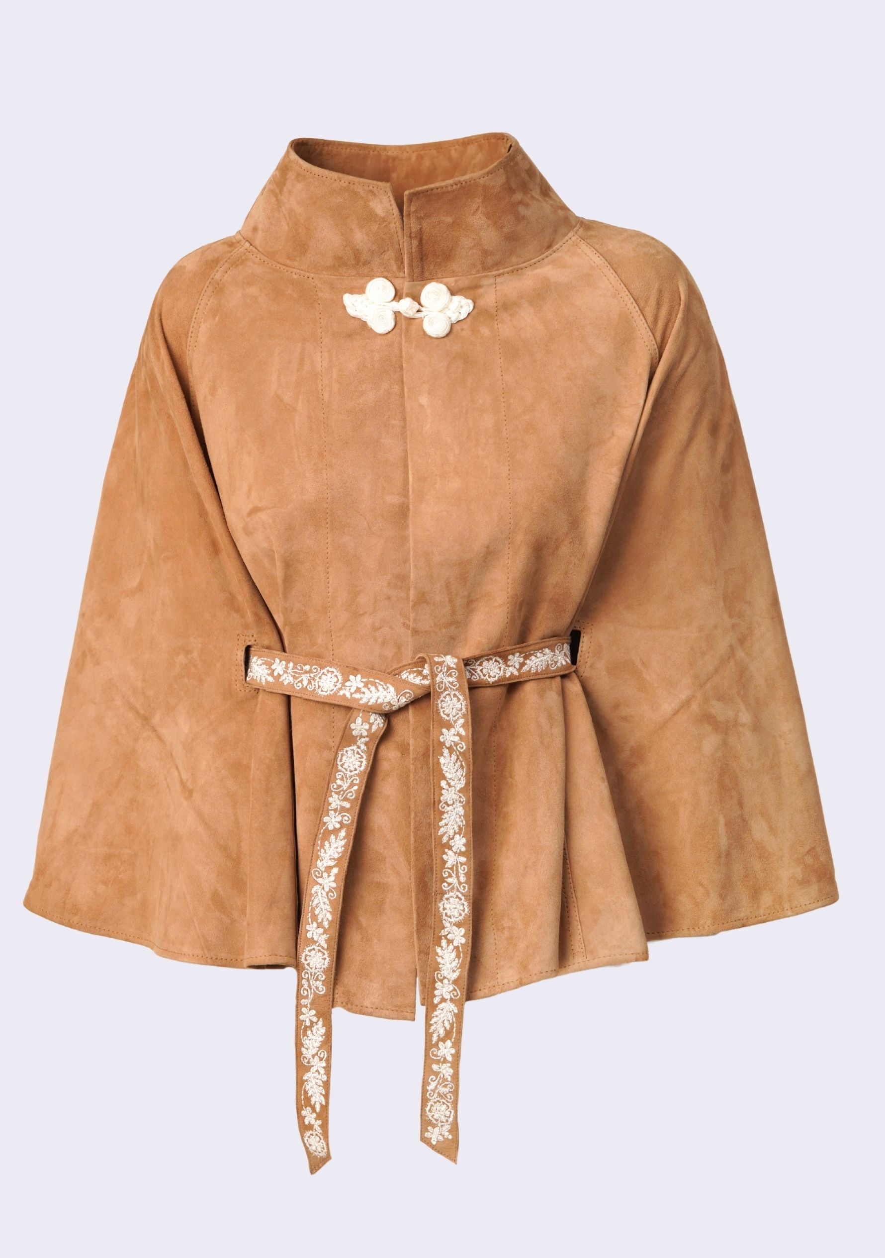 Camel Suede Leather Jacket Ivory Embroidered Belt