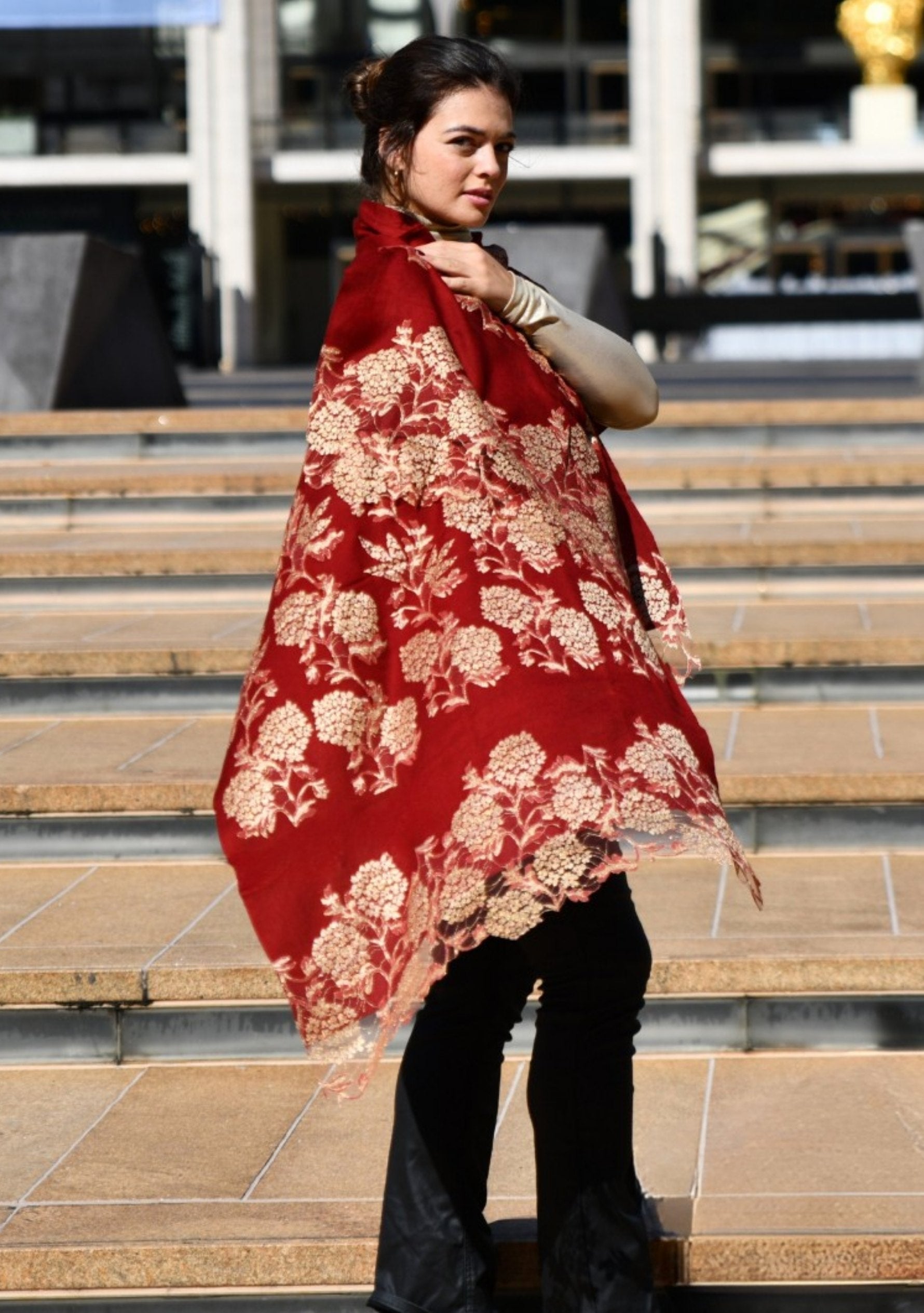 Burgundy Wool & Silk Scarf Gold Lace