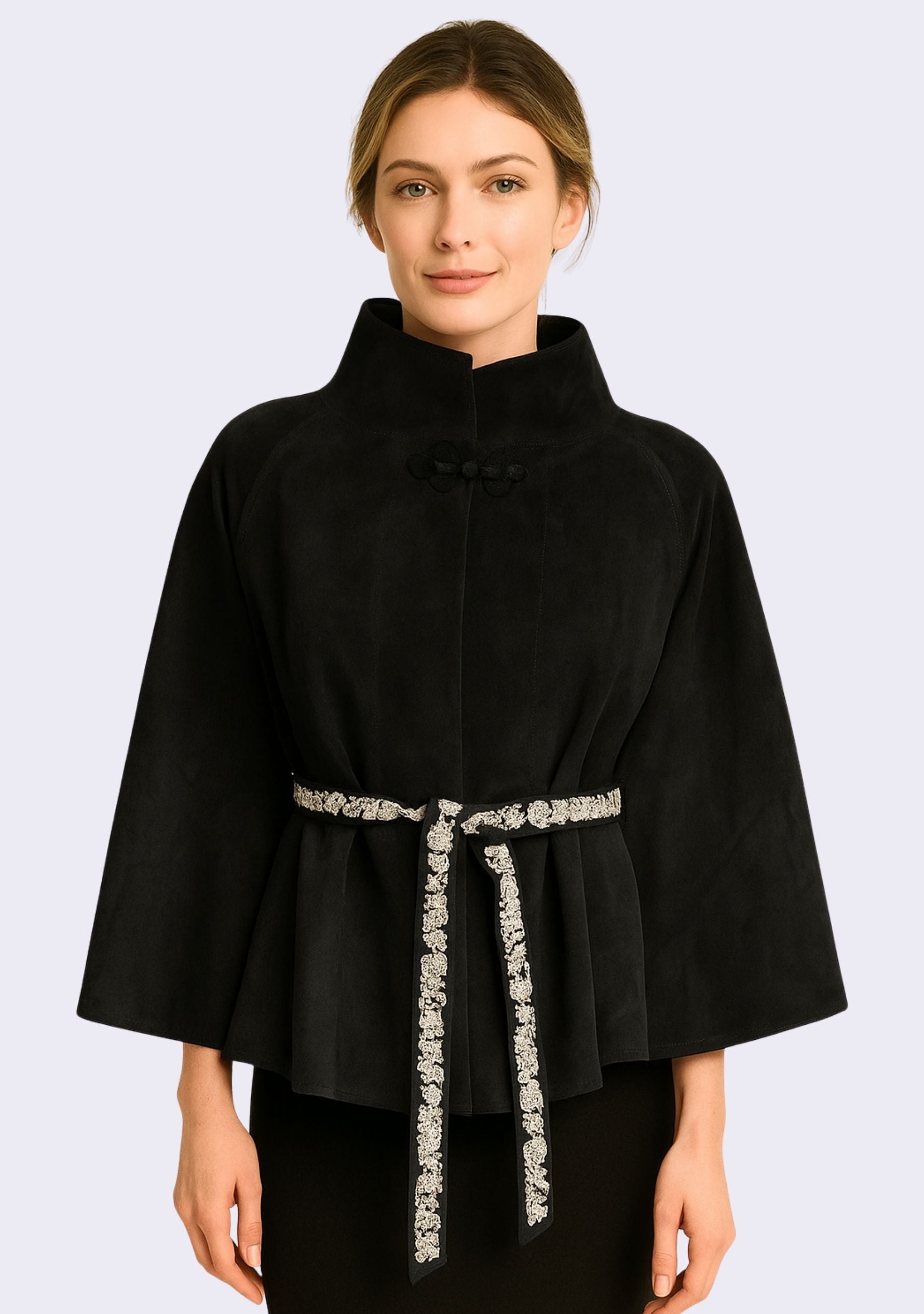 Black Suede Leather Jacket Ivory Embroidered Belt