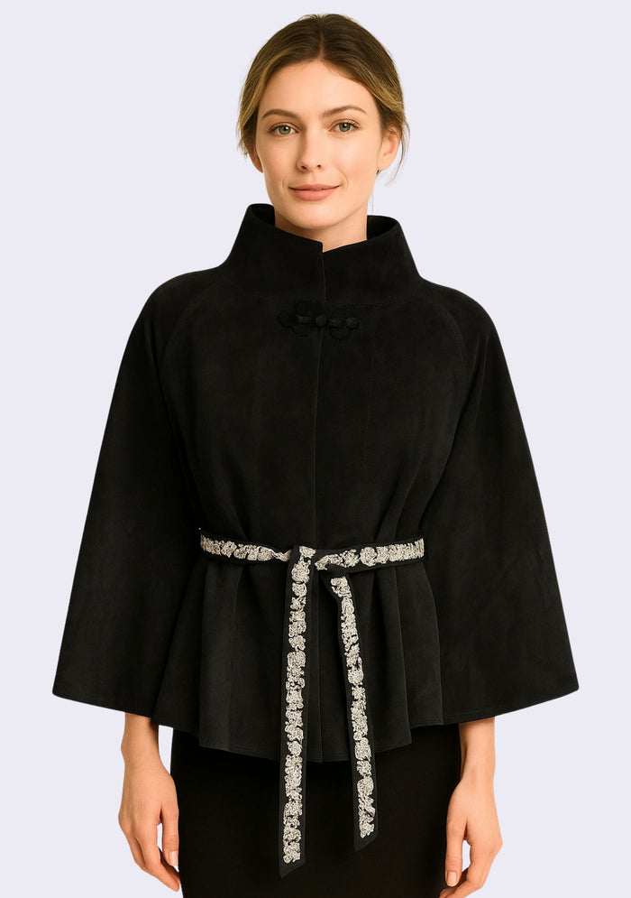 Black Leather Jacket Ivory Embroidered Belt