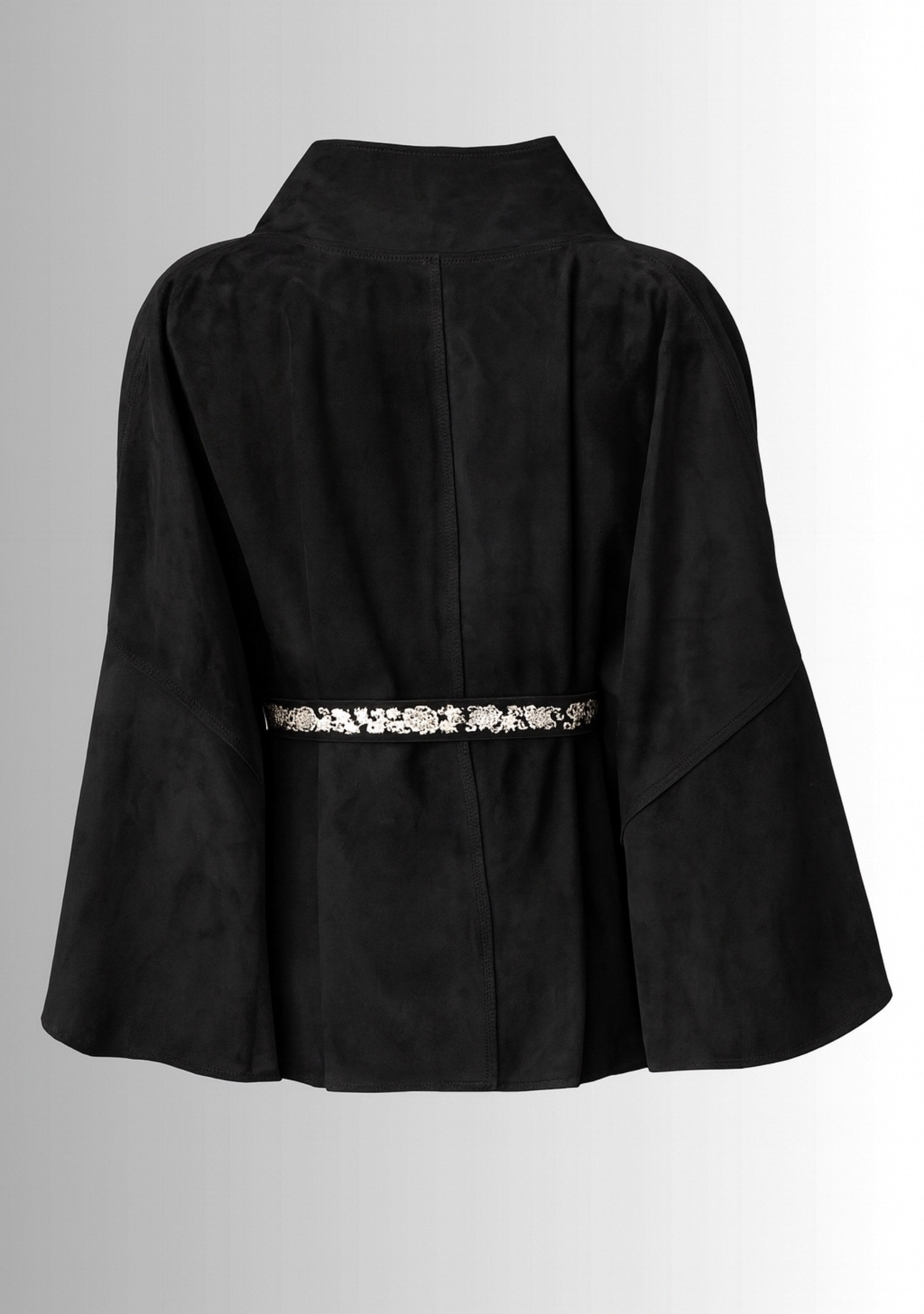 Black Suede Leather Jacket Ivory Embroidered Belt