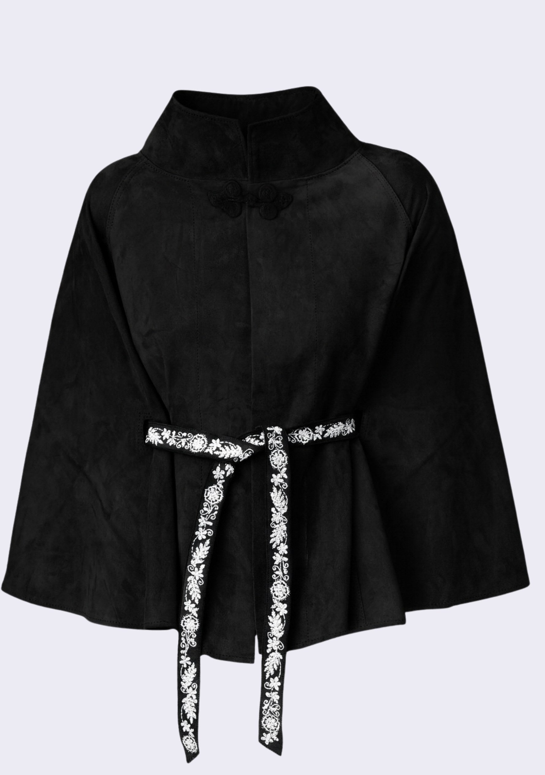 Black Suede Leather Jacket Ivory Embroidered Belt