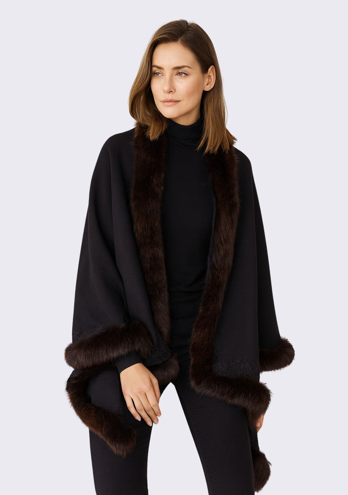 Black Cashmere wrap Brown, Fox Fur & Black Floral Lace