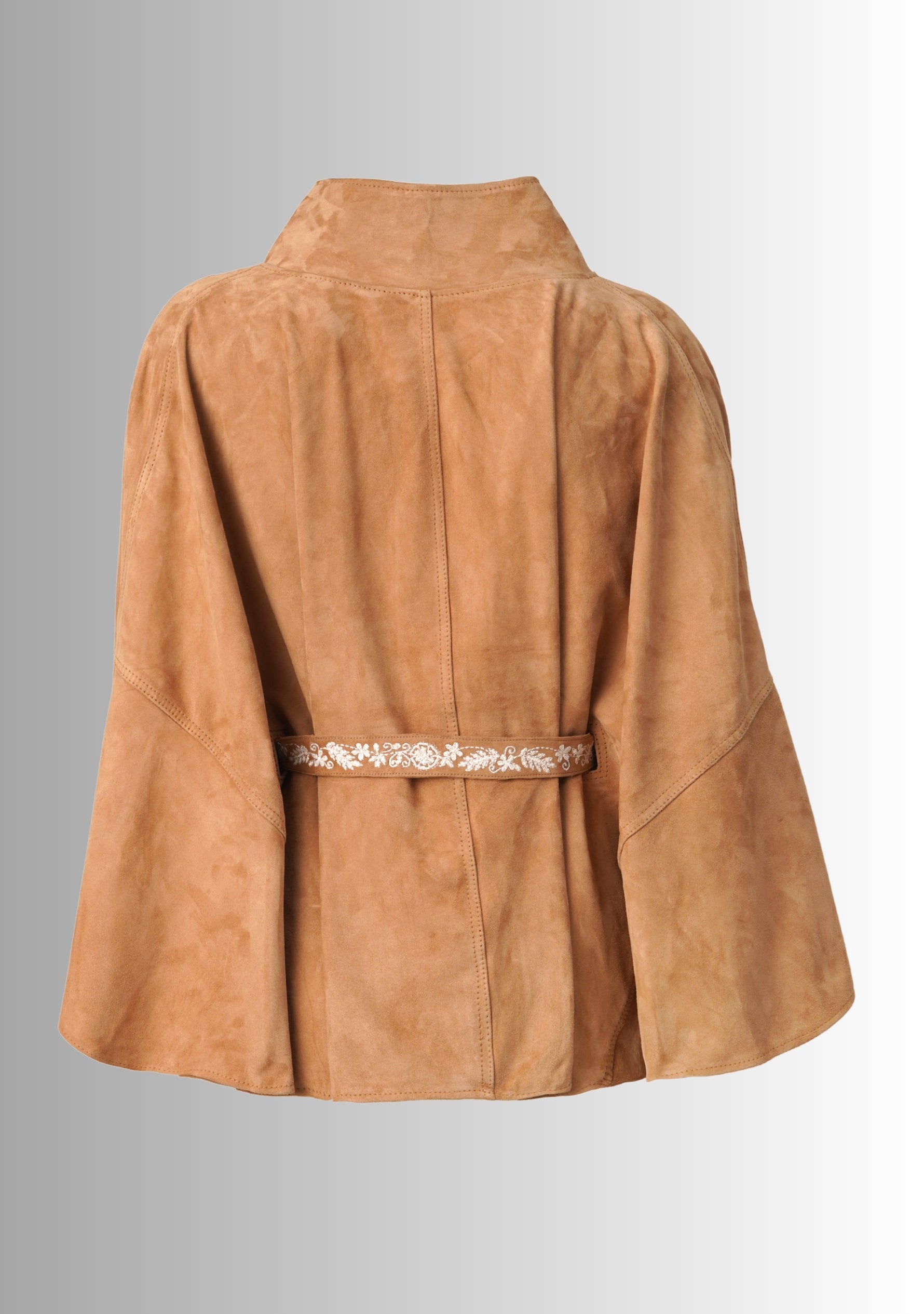 Camel Suede Leather Jacket Ivory Embroidered Belt
