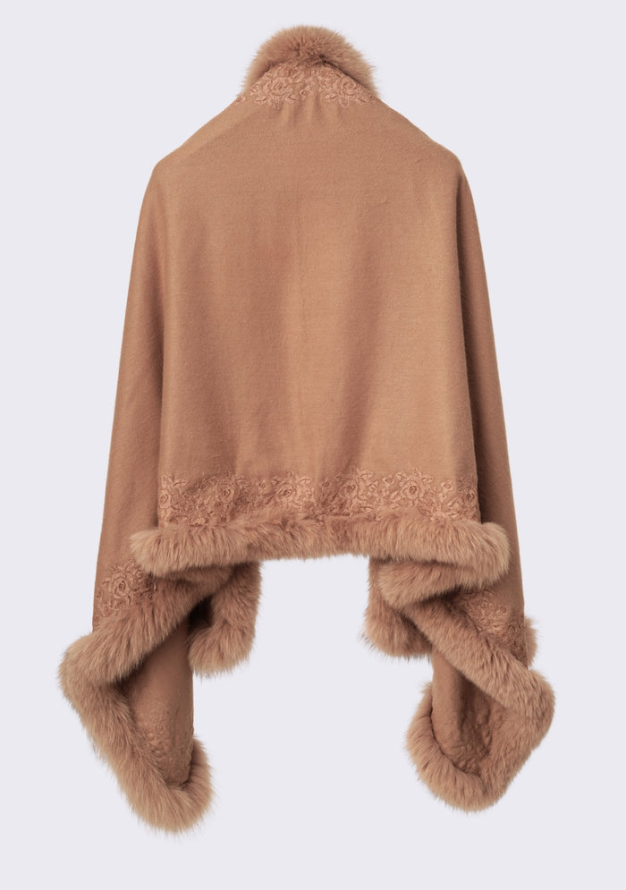Camel Cashmere wrap, Camel Fox Fur & Floral Lace