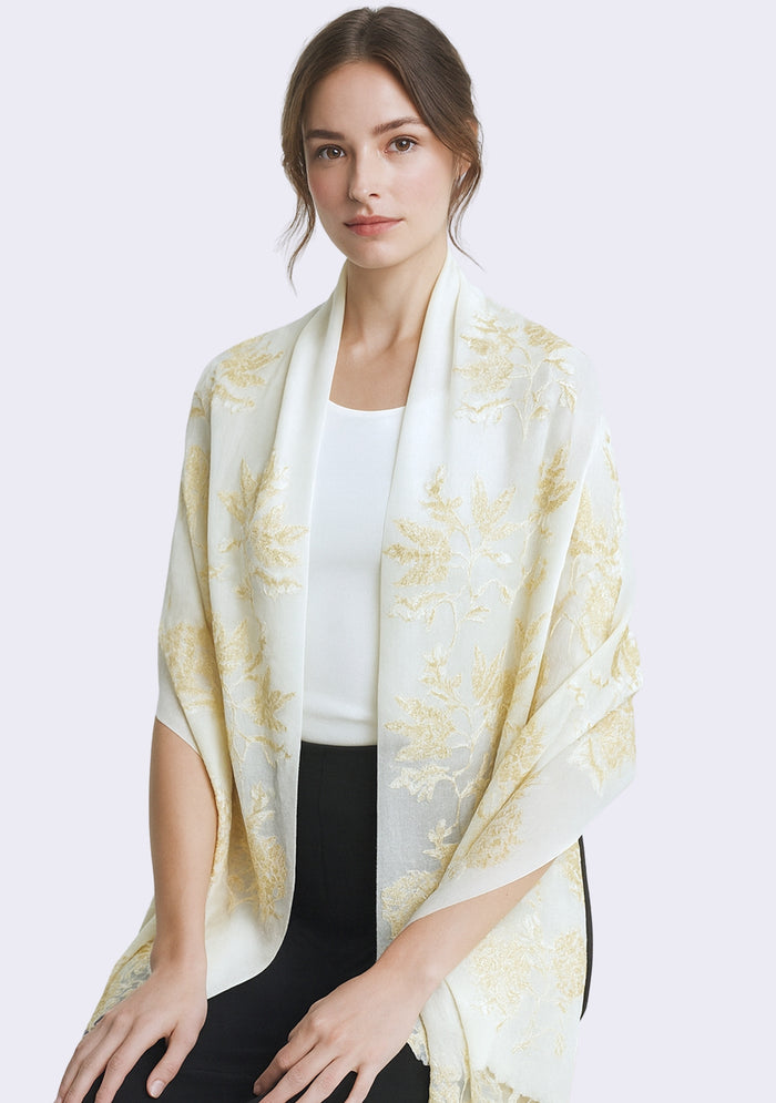 Ivory Wool & Silk Scarf Gold Lace