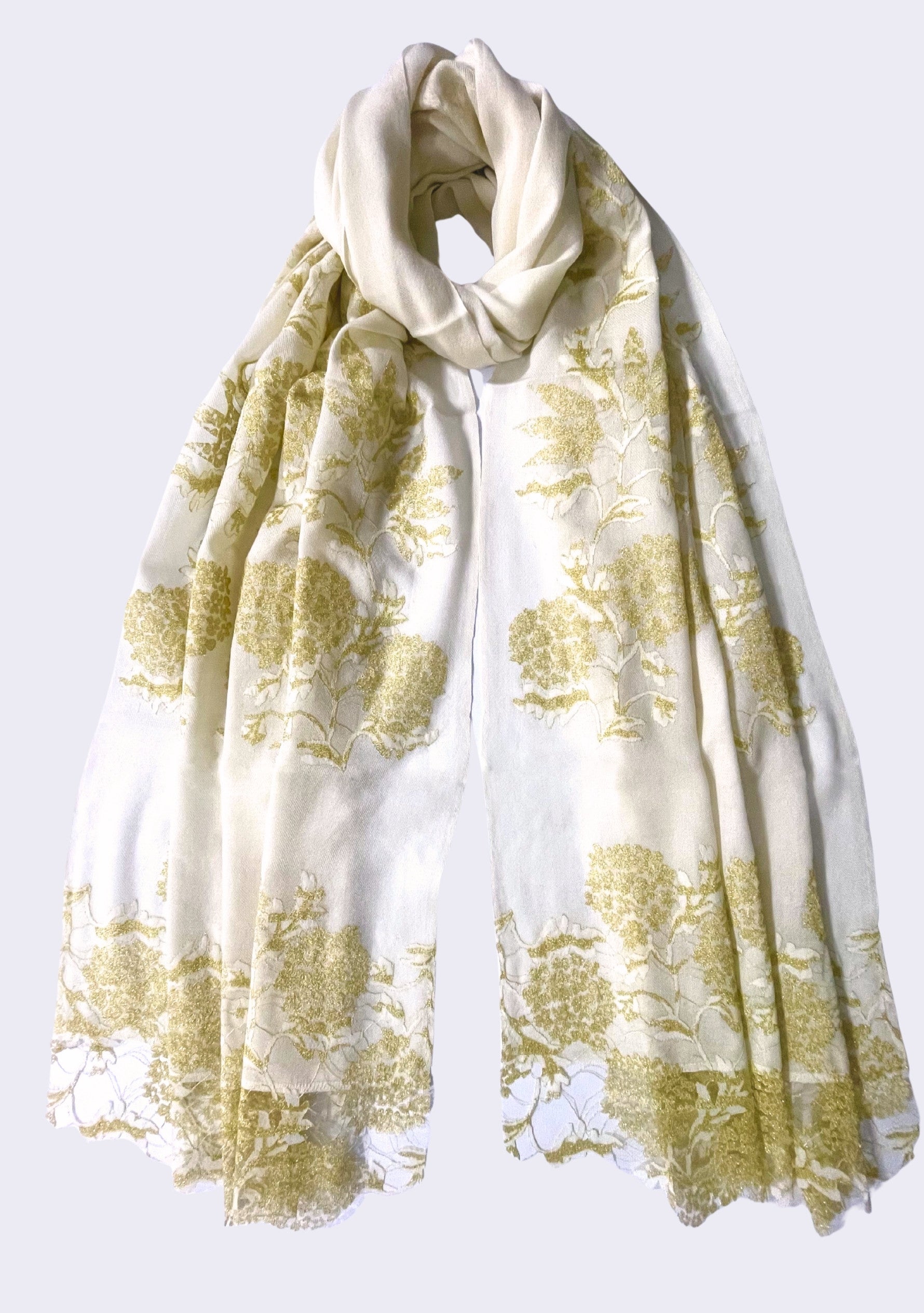 Ivory Wool & Silk Scarf Gold Lace