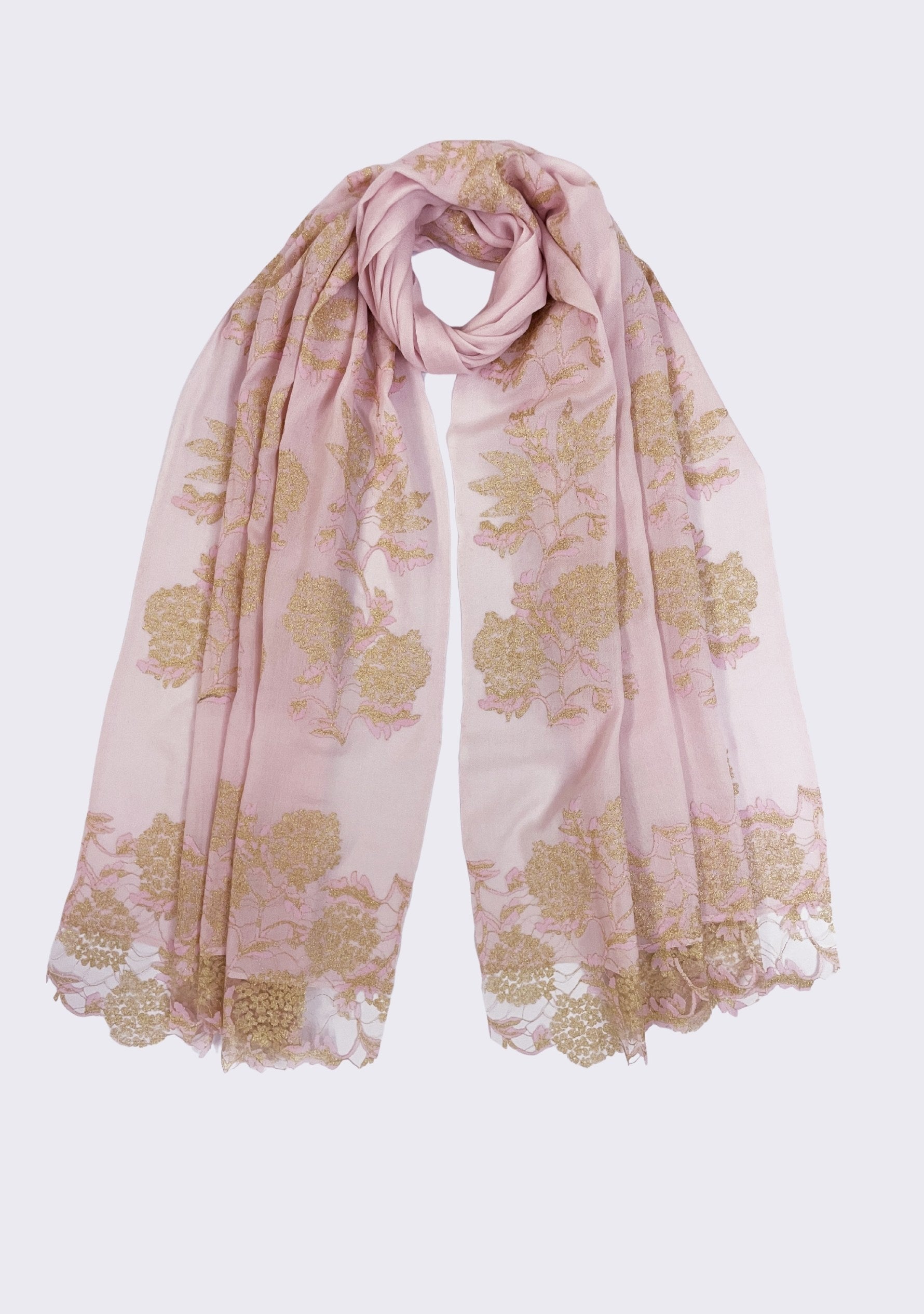 Pale Pink Wool & Silk Scarf Gold Lace