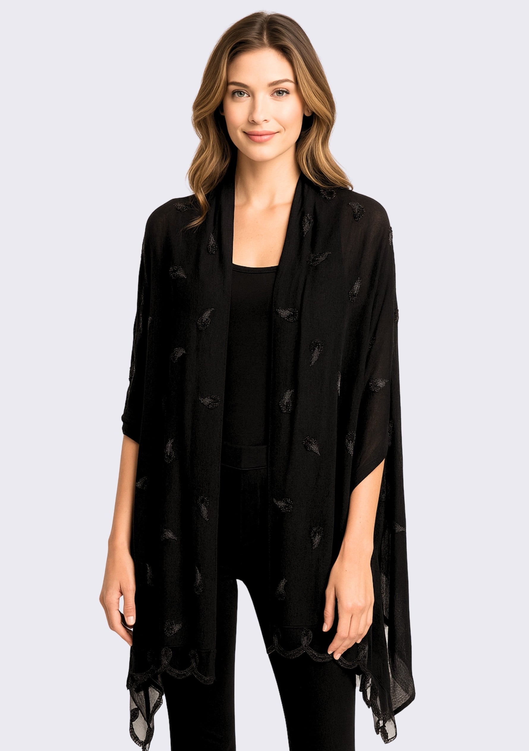 Black Cashmere Scarf Black Hand-beaded Pearls
