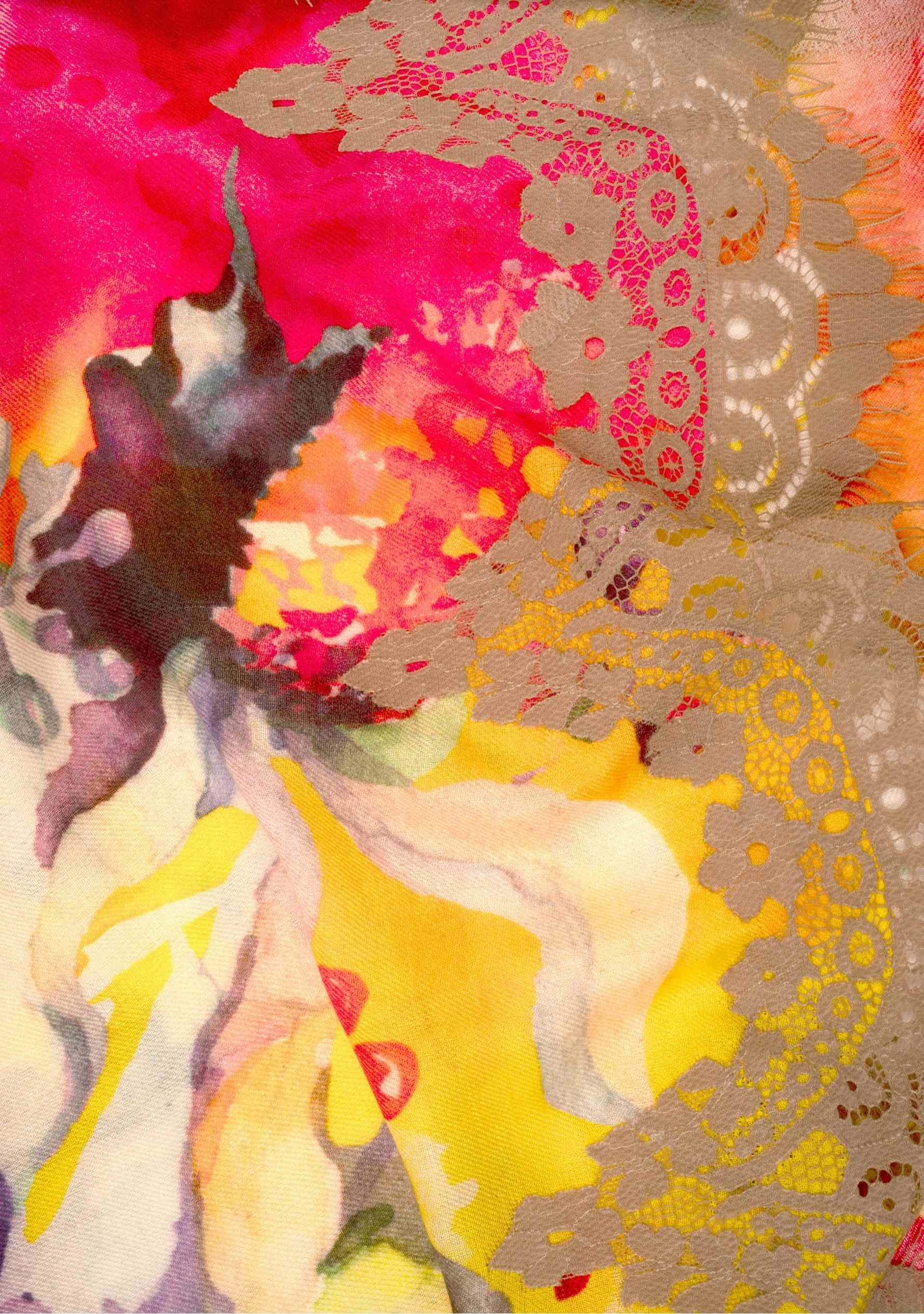 Yellow Print Modal & Cashmere Scarf 
Taupe Lace