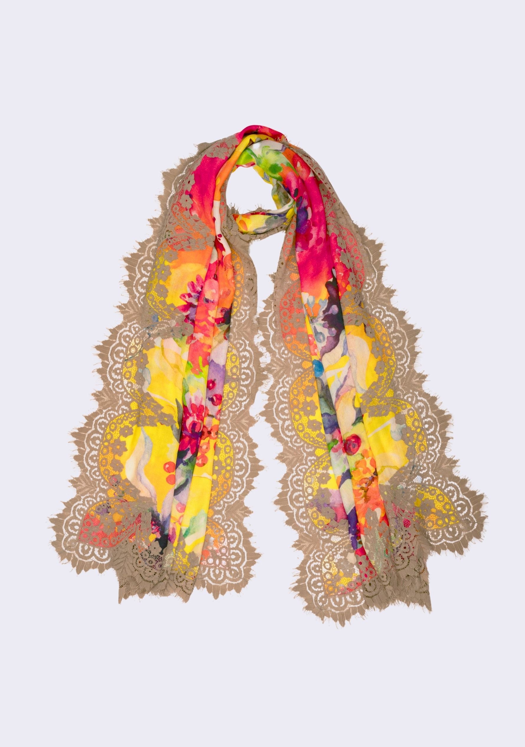 Yellow Print Modal & Cashmere Scarf 
Taupe Lace