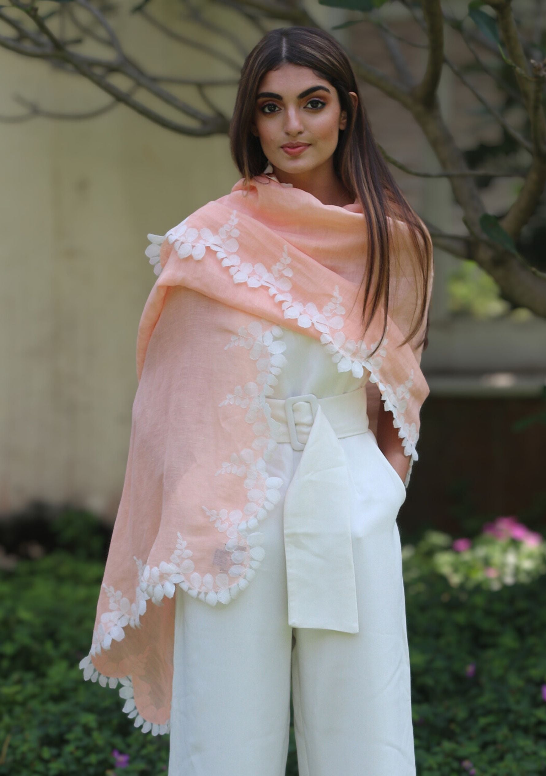 Lt. Peach Linen & Modal Scarf 
Ivory Lace