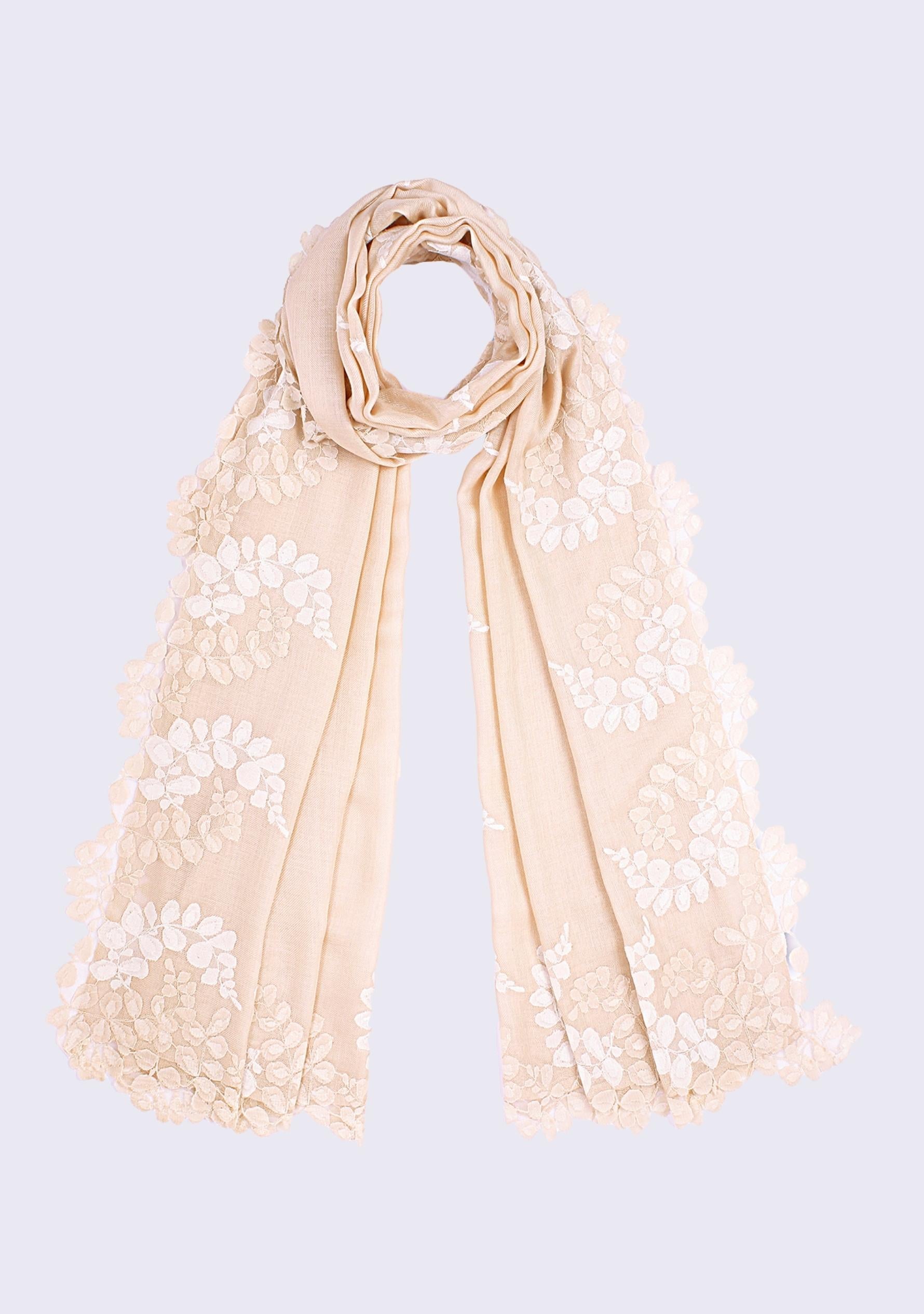 Beige Silk & Wool Scarf Beige & Ivory Lace