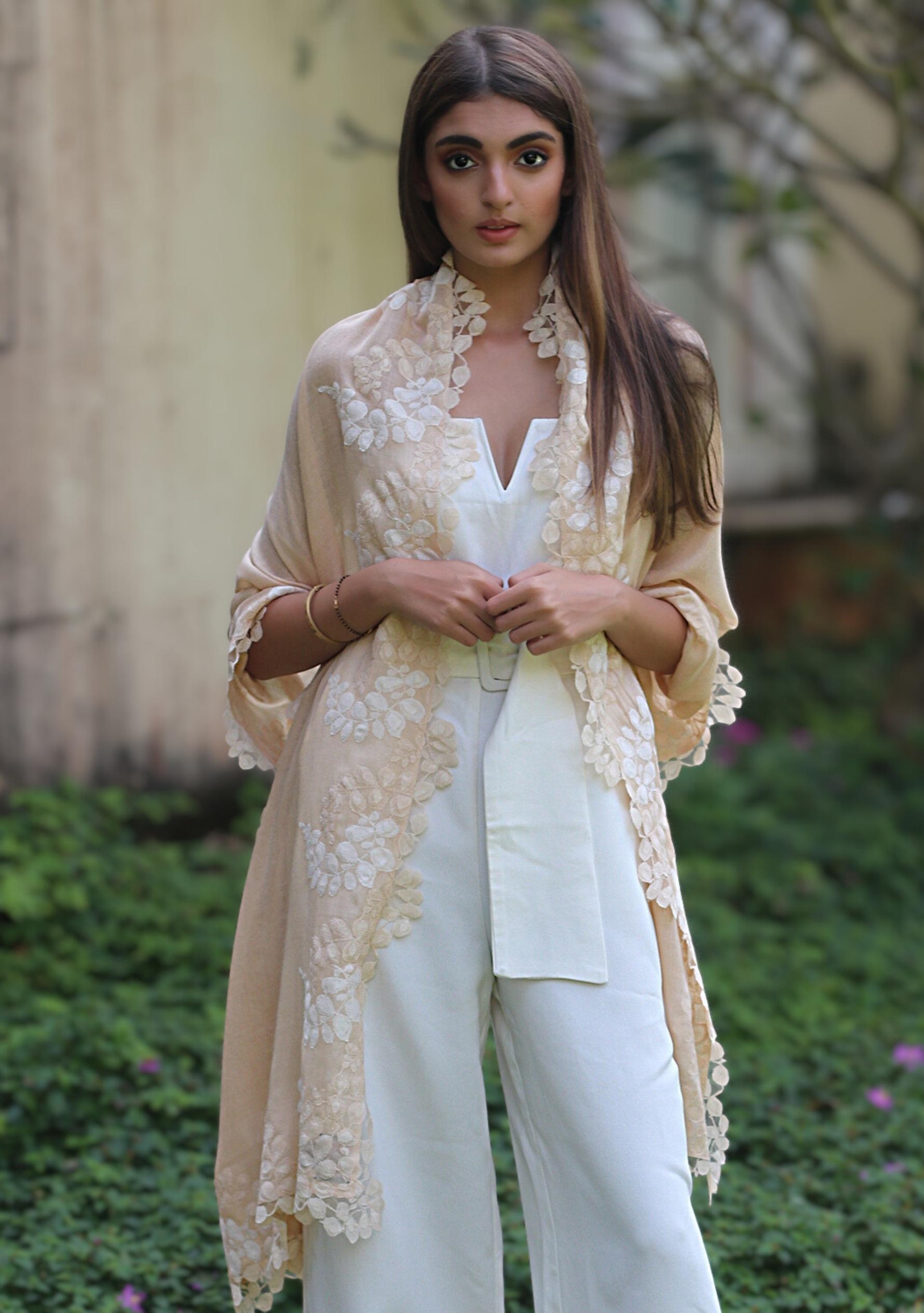 Beige Silk & Wool Scarf Beige & Ivory Lace