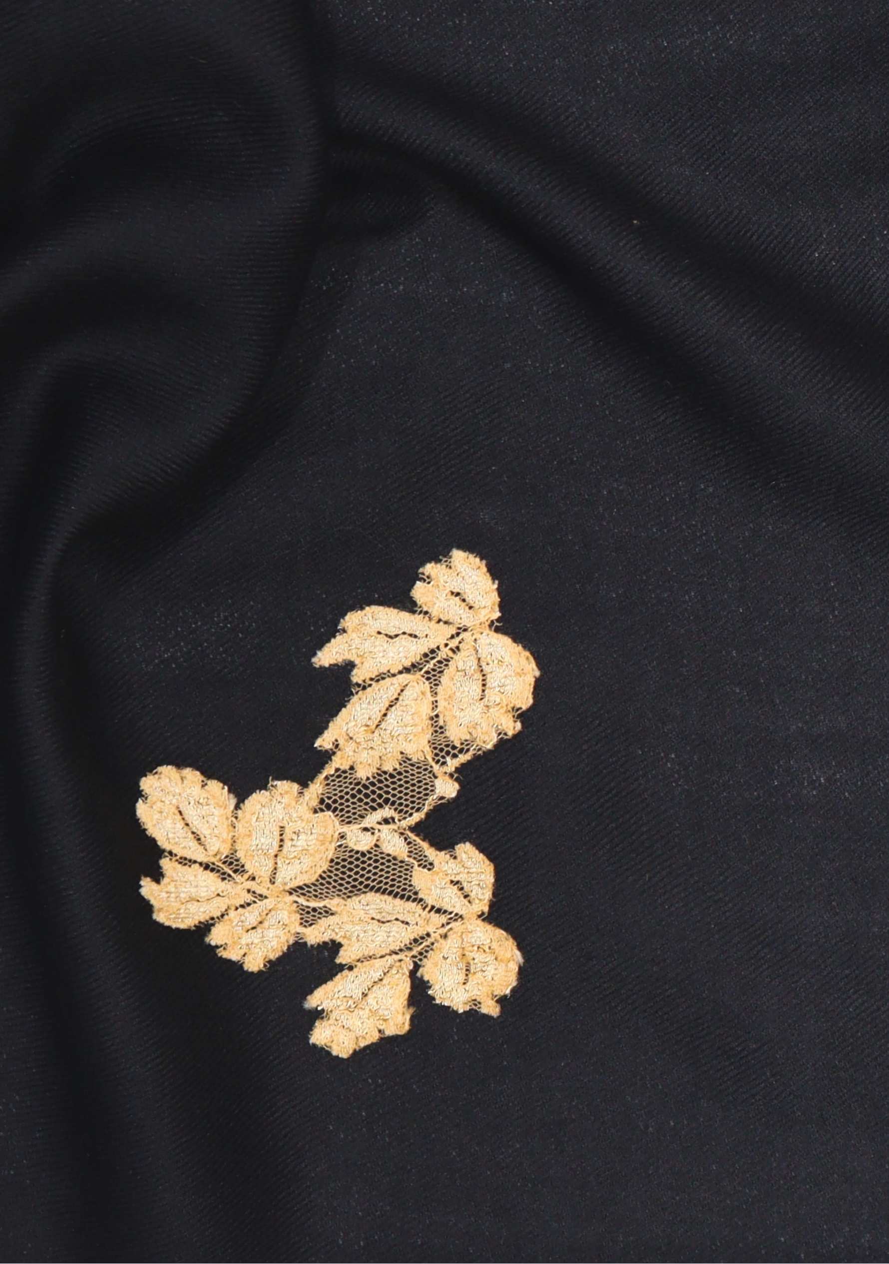 Black fabric with gold lace leaf design scarf