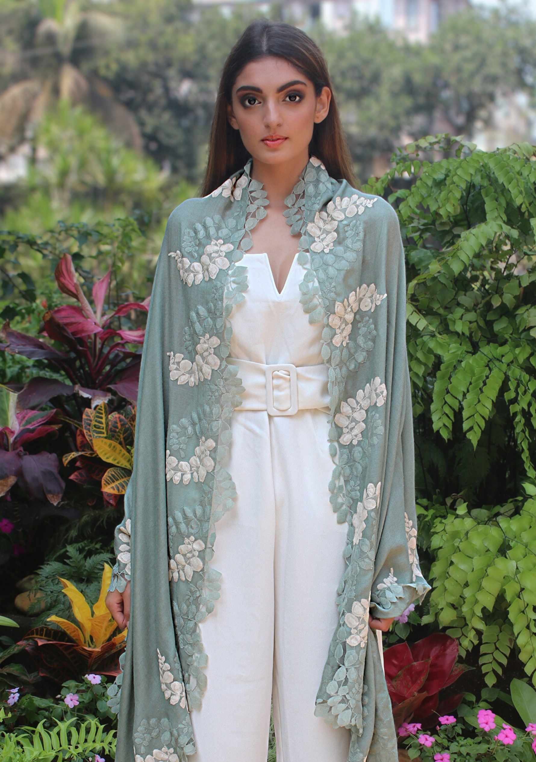 Sage Green Silk & Wool Scarf 
Sage Green & Beige Lace