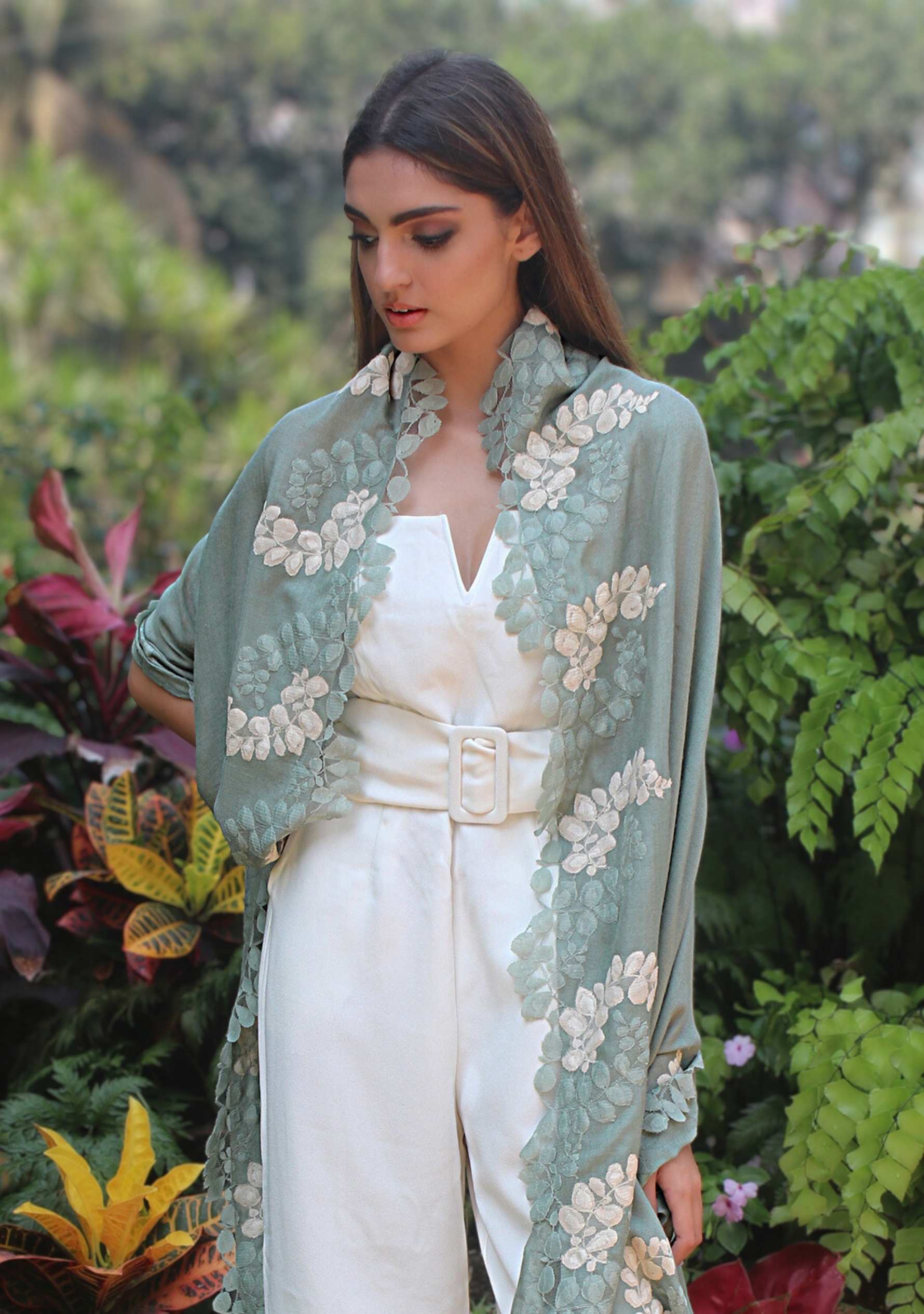 Sage Green Silk & Wool Scarf 
Sage Green & Beige Lace