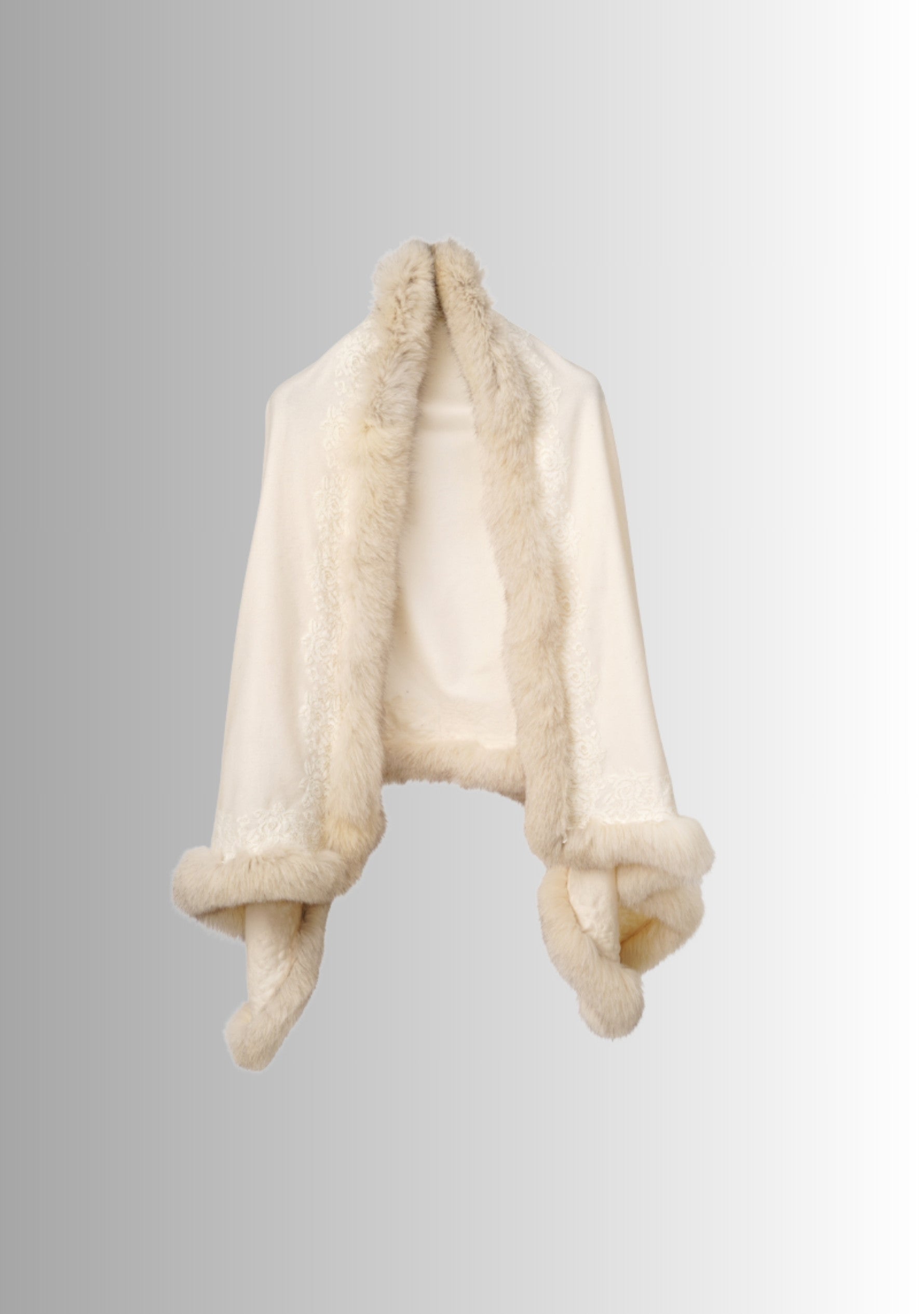 Ivory Cashmere Stole Ivory Fox Fur & Floral Lace