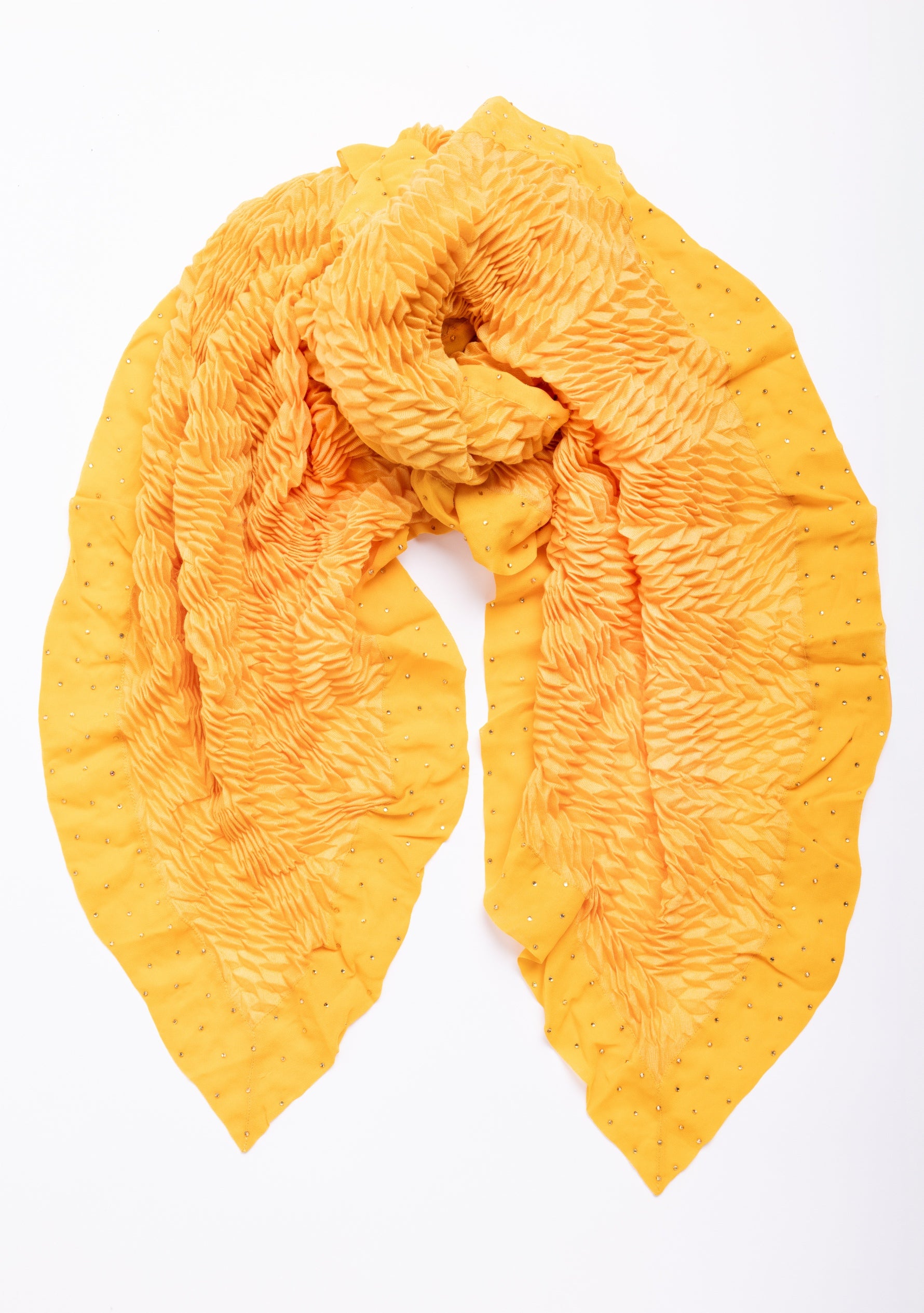 Butterscotch Pleated Wool and Silk Scarf with Butterscotch Georgette and Crystal Border