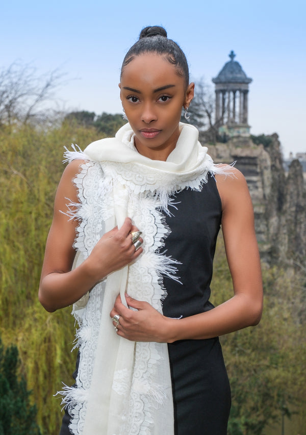 Ivory & Ivory Ombre Cashmere Scarf with a Ivory Chantilly Lace Border & Ivory Ostrich Feathers