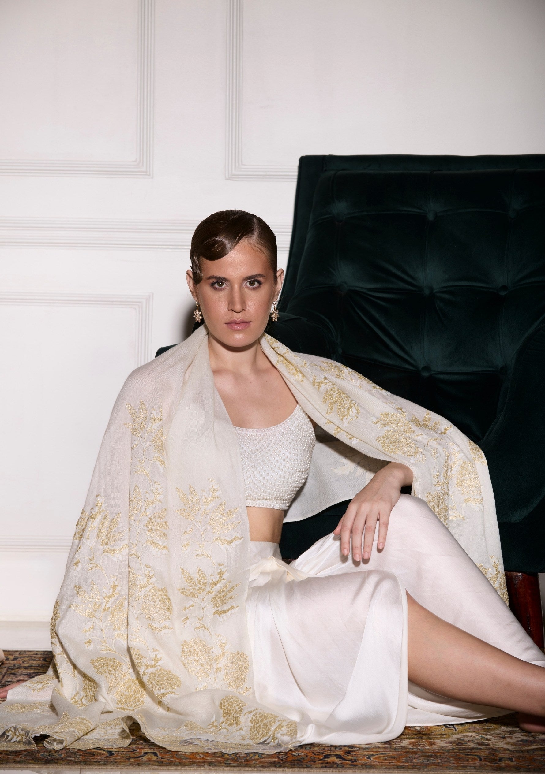 Ivory Wool & Silk Scarf Gold Lace