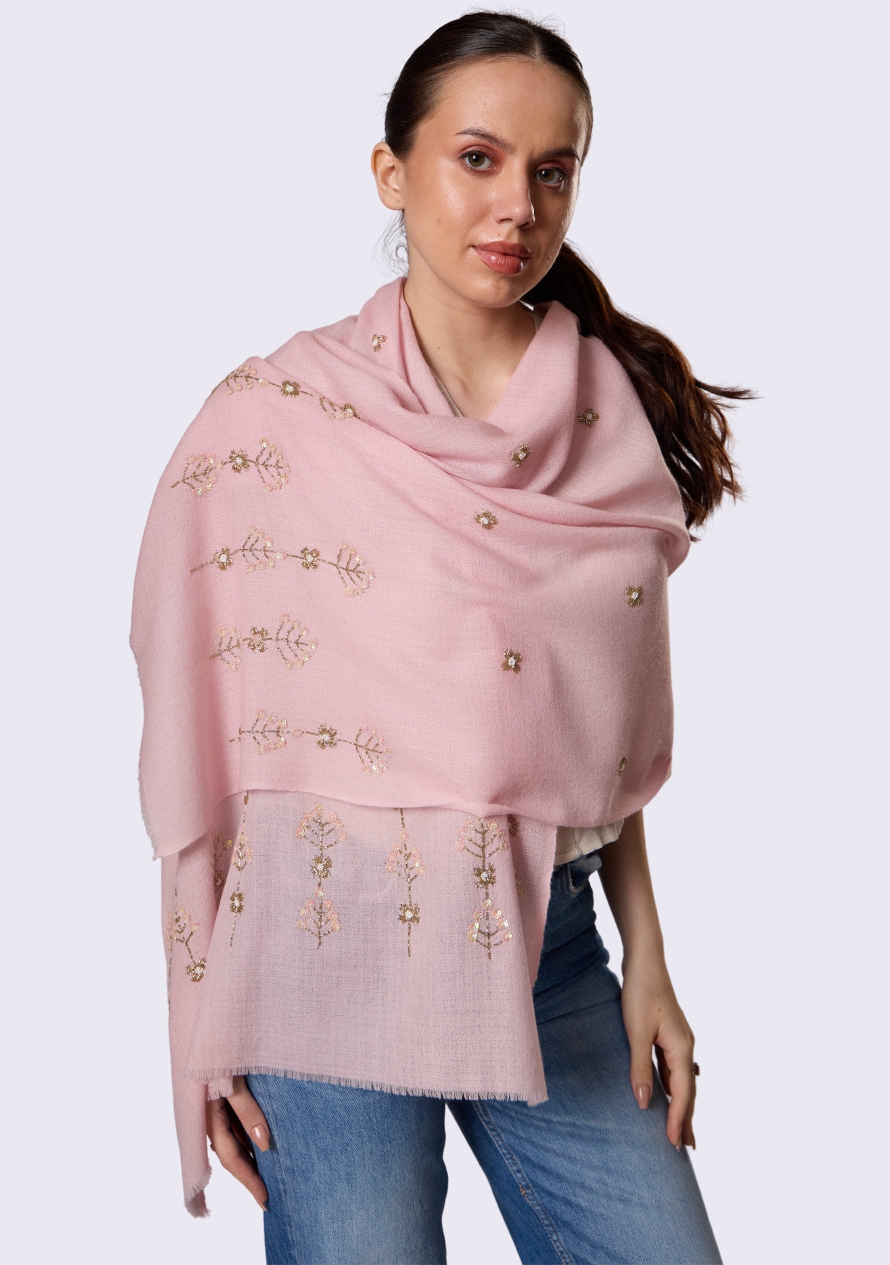 Pink Cashmere Scarf Metallic Bead & Sequin Embroidery