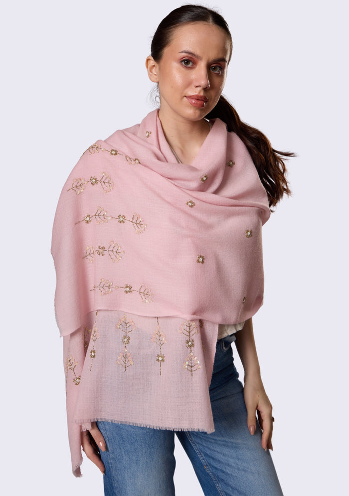 Pink Cashmere Scarf Metallic Bead & Sequin Embroidery