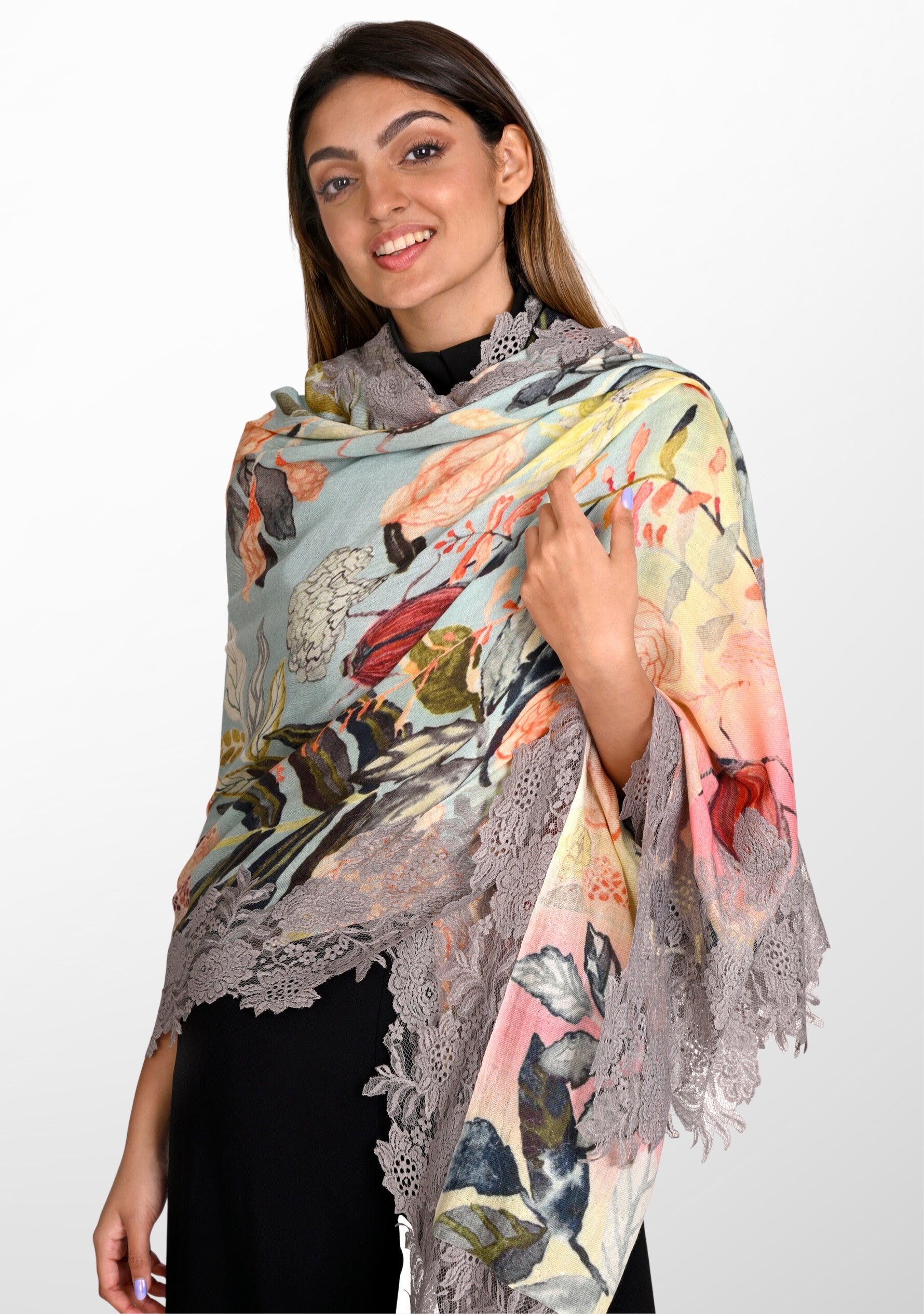 Gardenia Print Wool And Silk Scarf with a Mousse Floral Lace Border