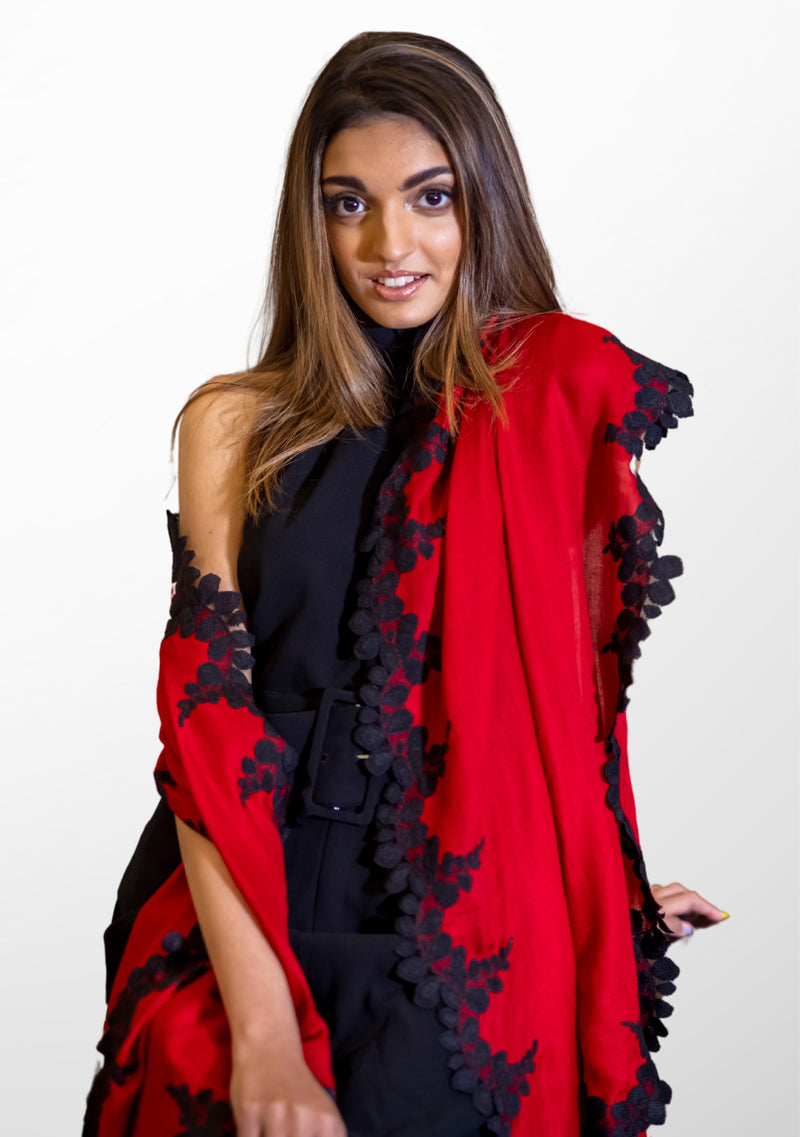 Red Silk and Wool Scarf with a Black Scalloped Lace Border