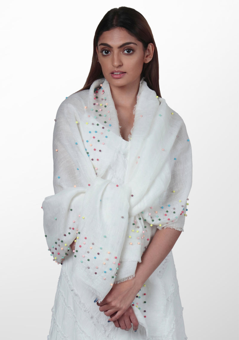 Ivory Linen and Modal Scarf with Multi-colored Rudraksha Pearls