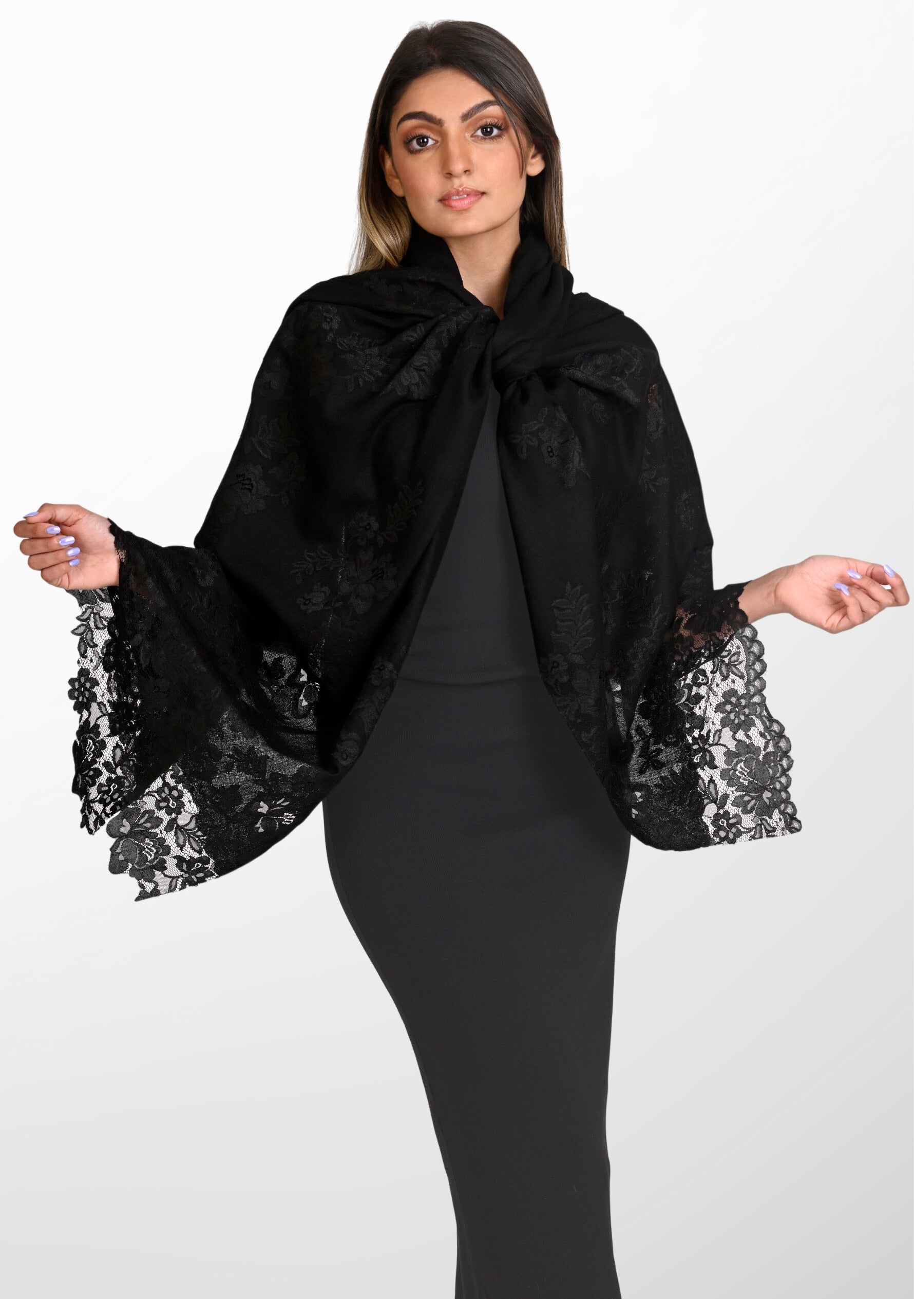 Black Cashmere Scarf with Black Chantilly Lace | Maneesha Ruia