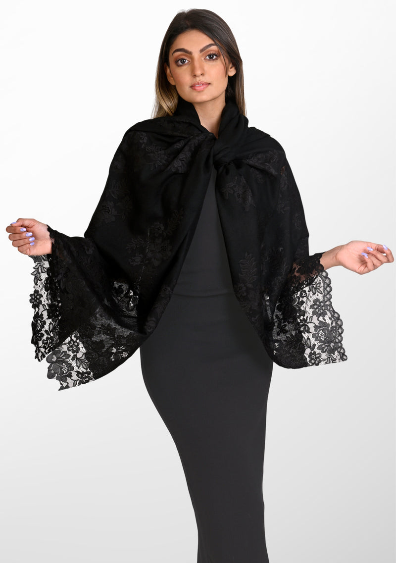 Black Cashmere Scarf with Black Chantilly Lace