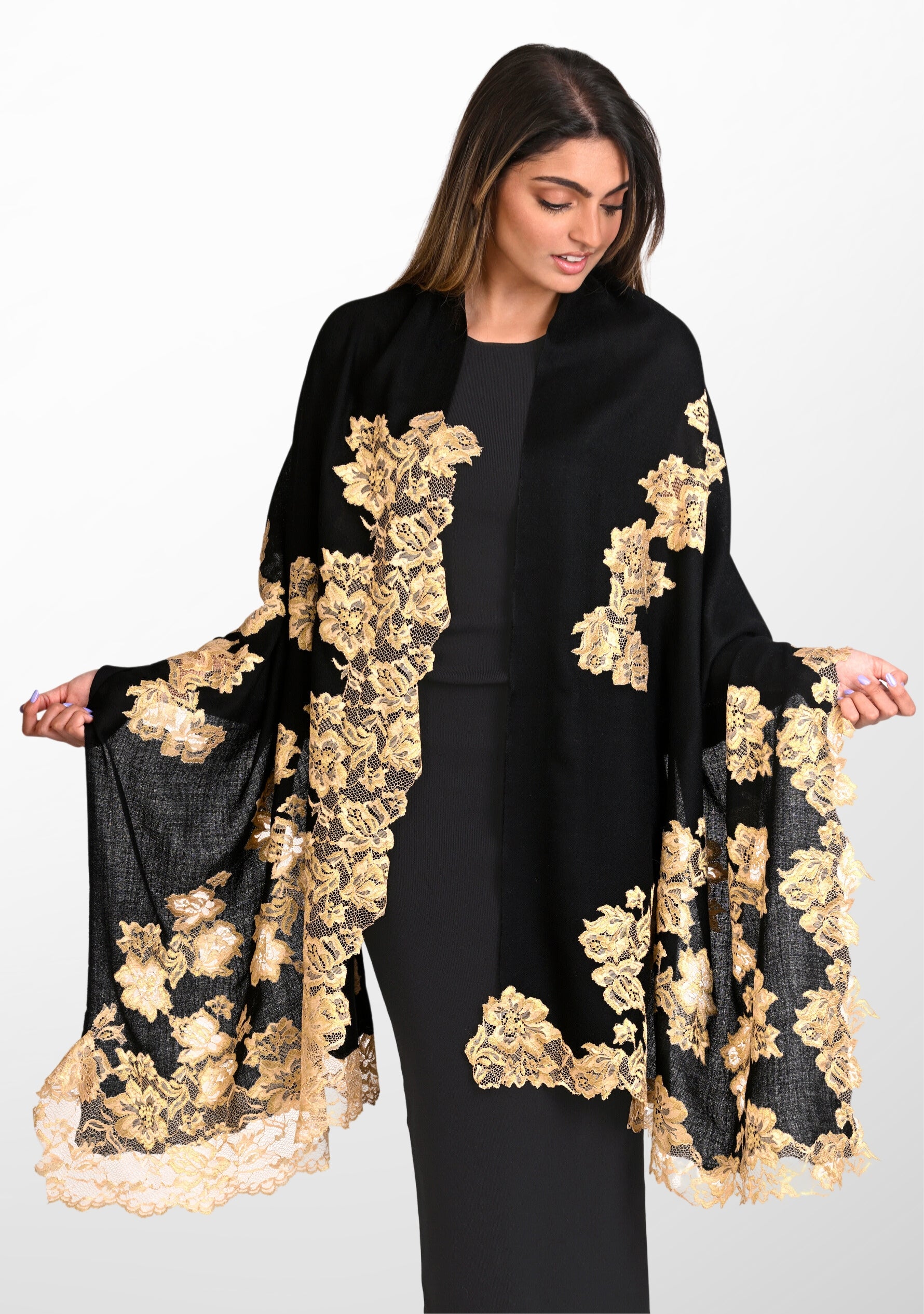 Black Cashmere Scarf
Gold Lace