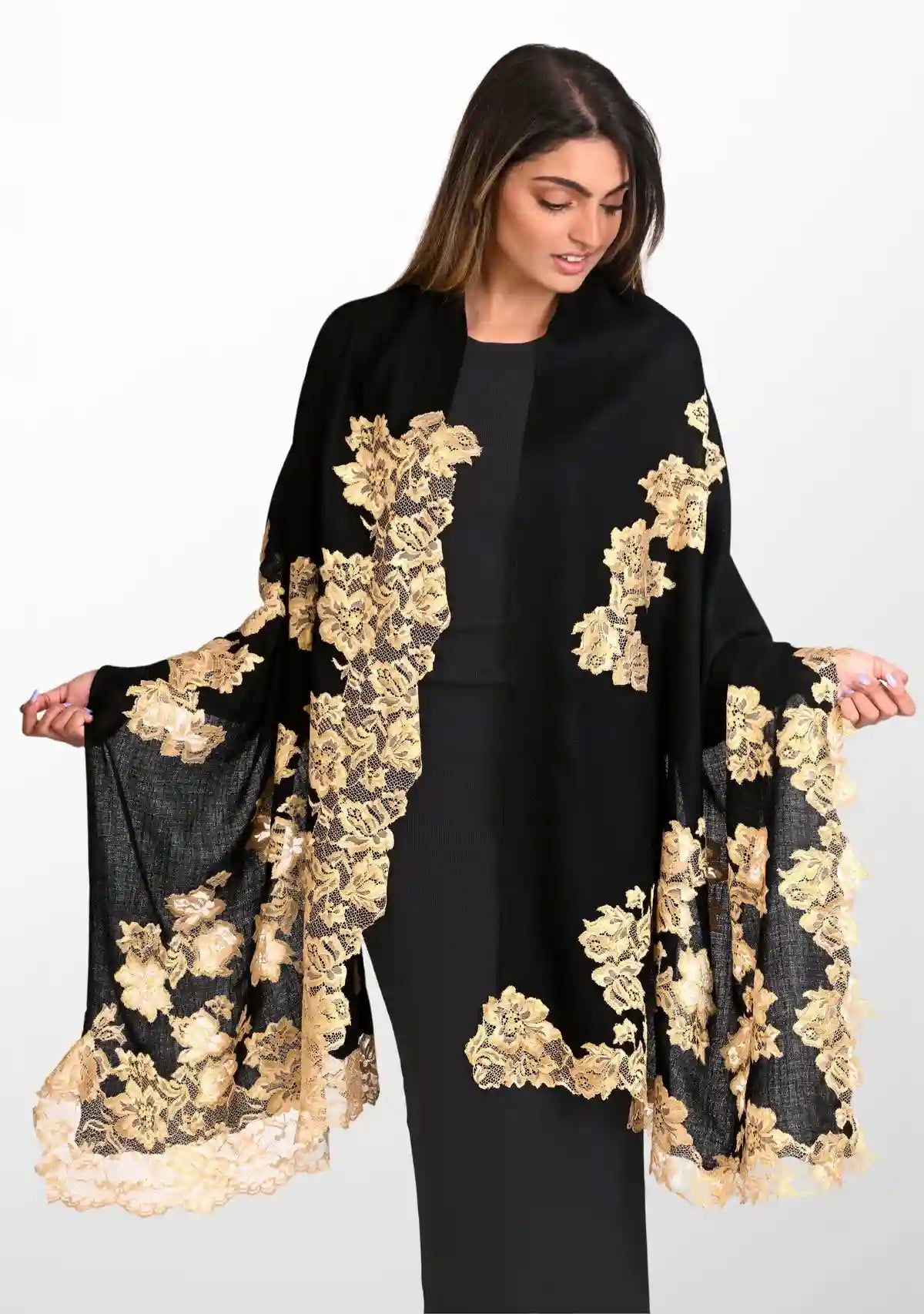 Black Cashmere Scarf Gold Lace