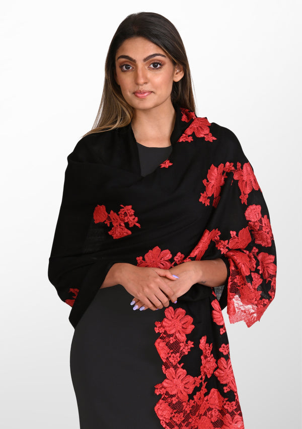 Black Cashmere Scarf with Red Chantilly Lace