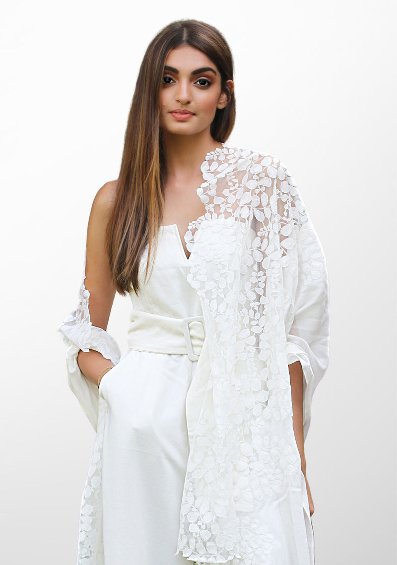 Ivory Linen and Modal Scarf with an Ivory Bold Leaf Lace