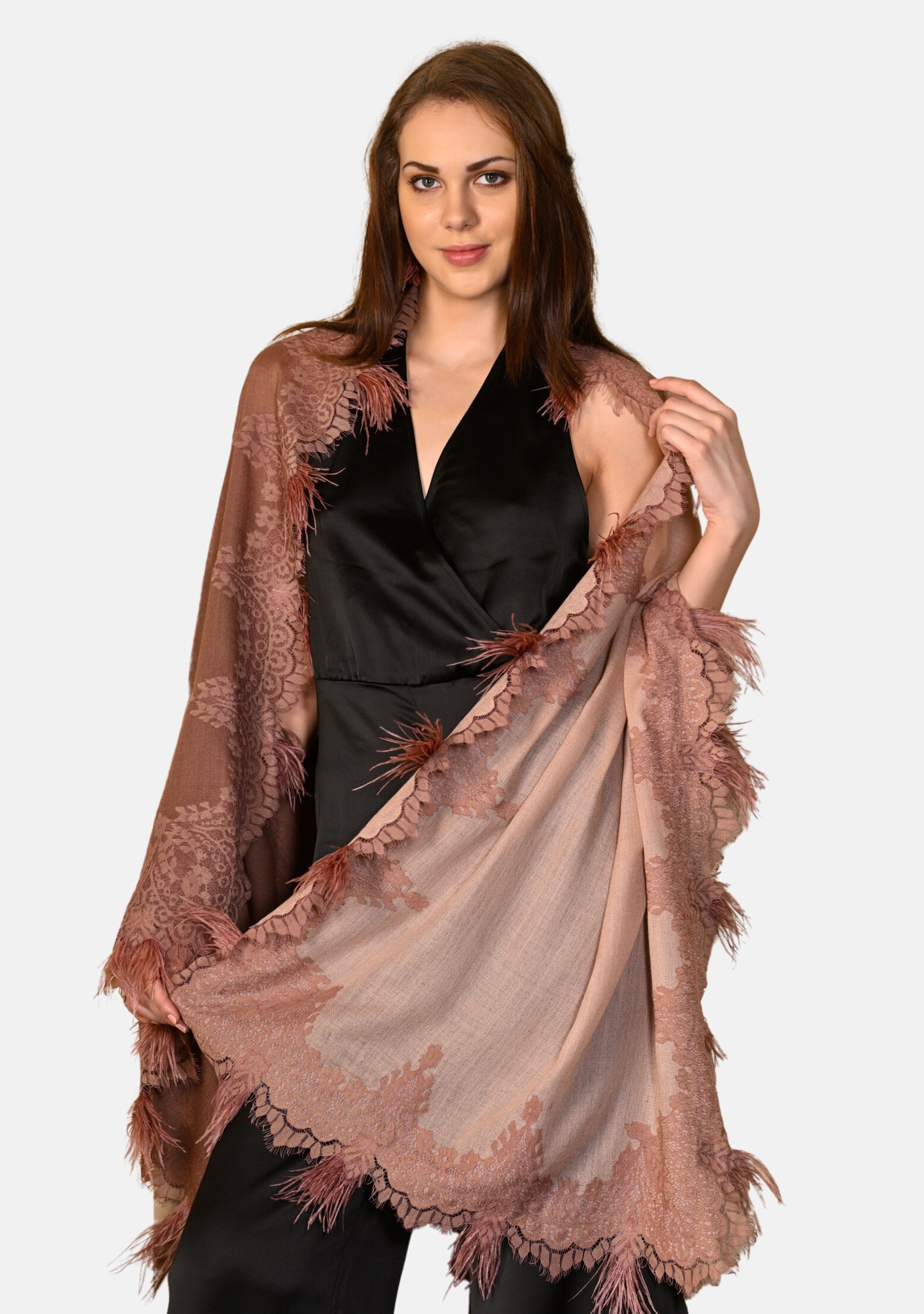 Copper Ombre Cashmere Scarf with a Dk. Copper Chantilly Lace Border & Copper Ostrich Feathers