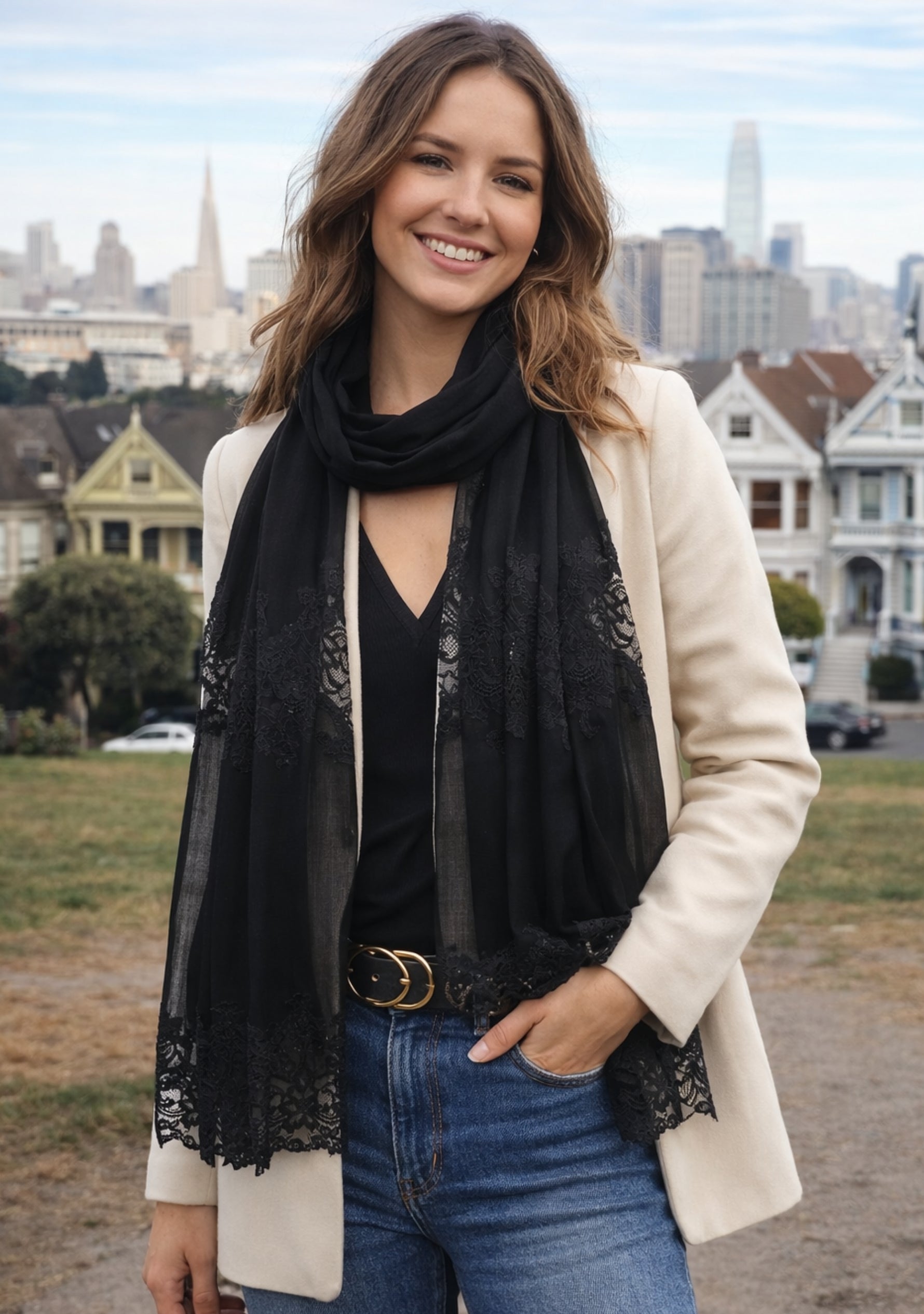 Black Modal & Silk Scarf  Black Lace Panels