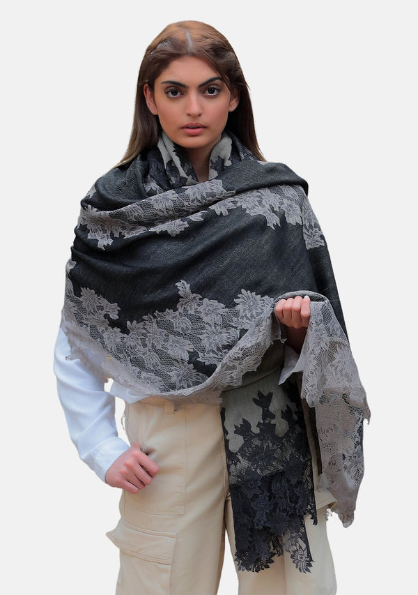 Dual Color Black and Taupe Reversible Wool and Silk Scarf with Dual Color Black and Taupe Floral Lace Application and Border