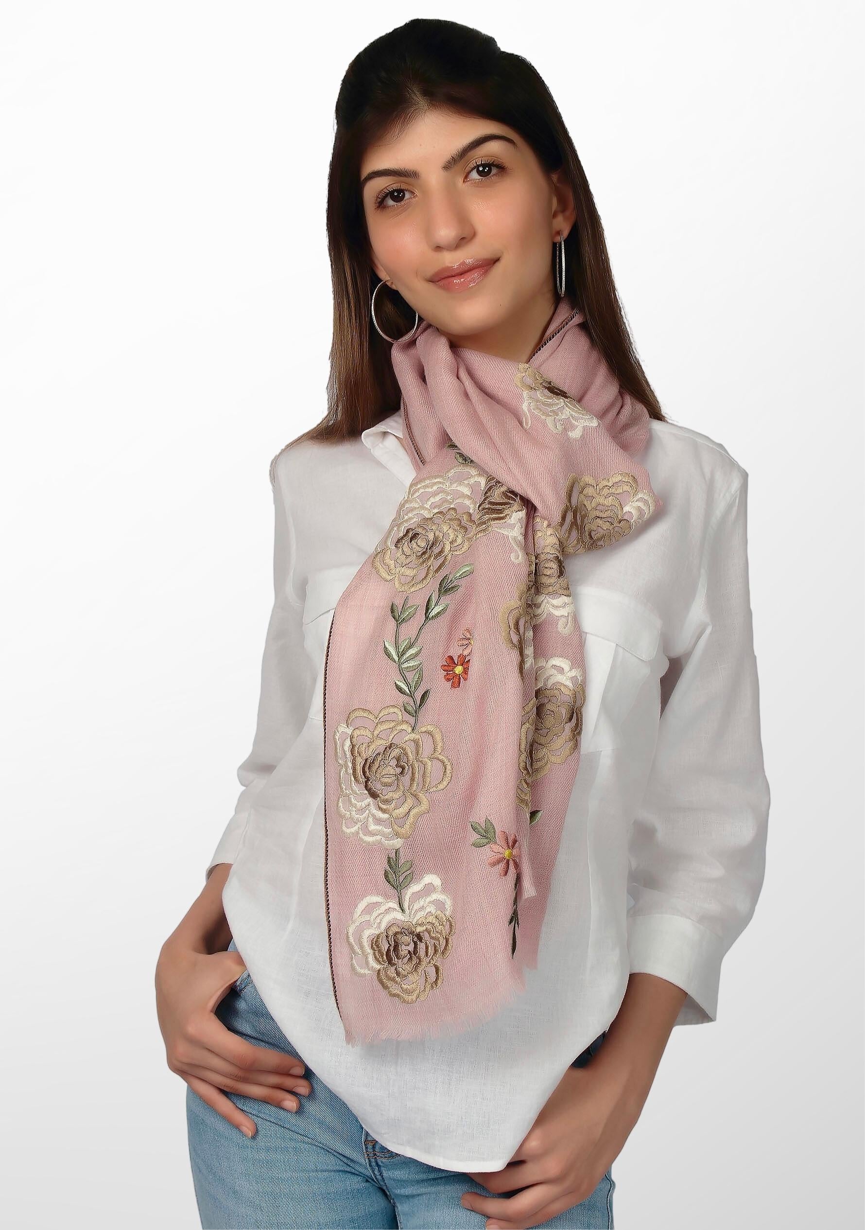 Lt. Pink Melange Wool and Silk Scarf with Multicolor Embroidery